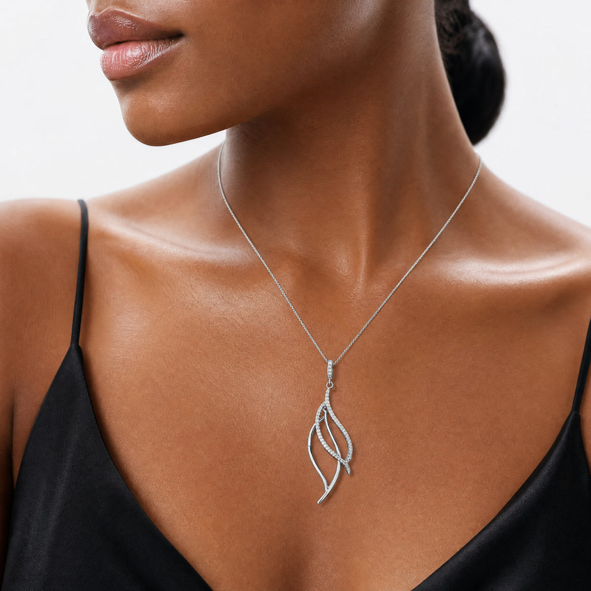 Sterling Silver Rhodium-plated CZ Dangle Leaf Pendant - Model Shot