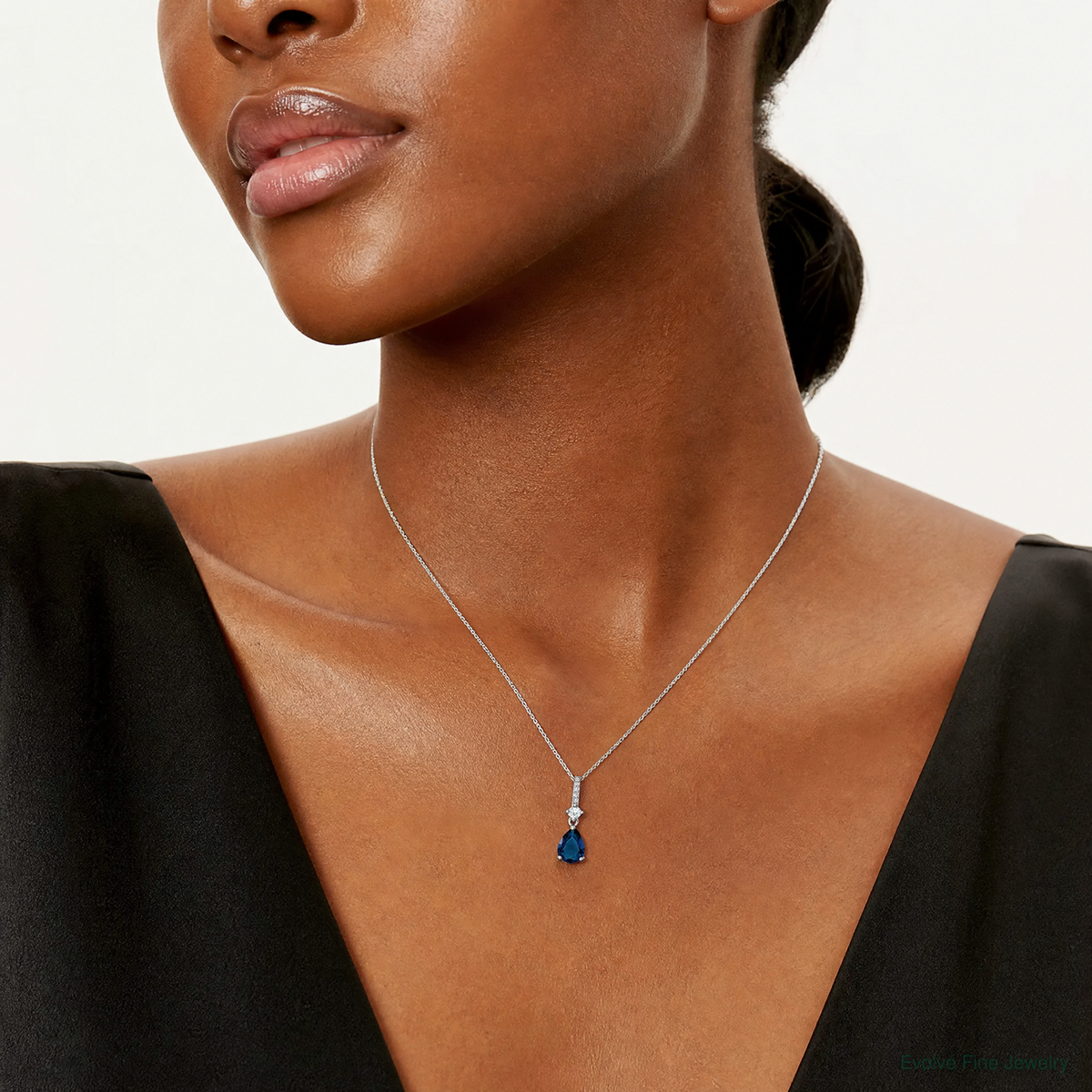 Sterling Silver Rhodium-plated CZ and Blue Glass Pendant - Model Shot
