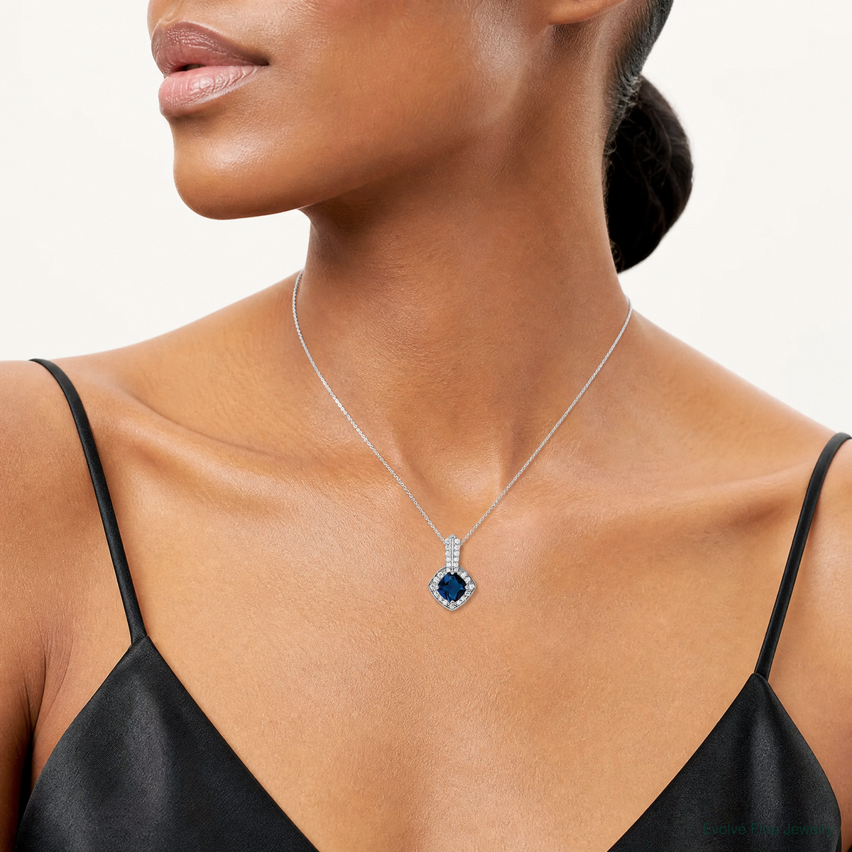 Sterling Silver Rhodium-plated CZ and Blue Glass Pendant - Model Shot