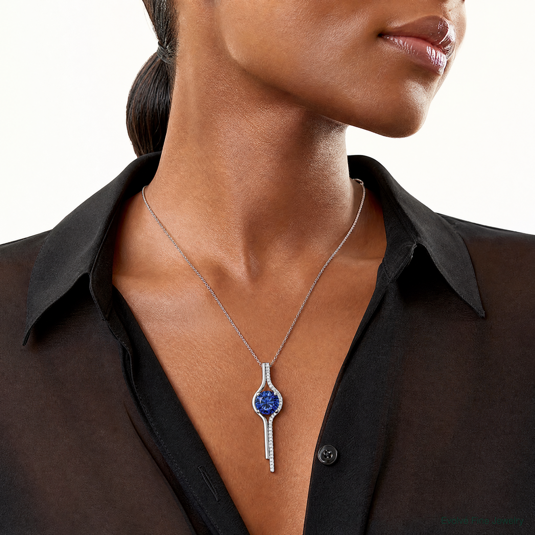 Sterling Silver Rhodium plated Blue & White CZ Slide Pendant - Model Shot