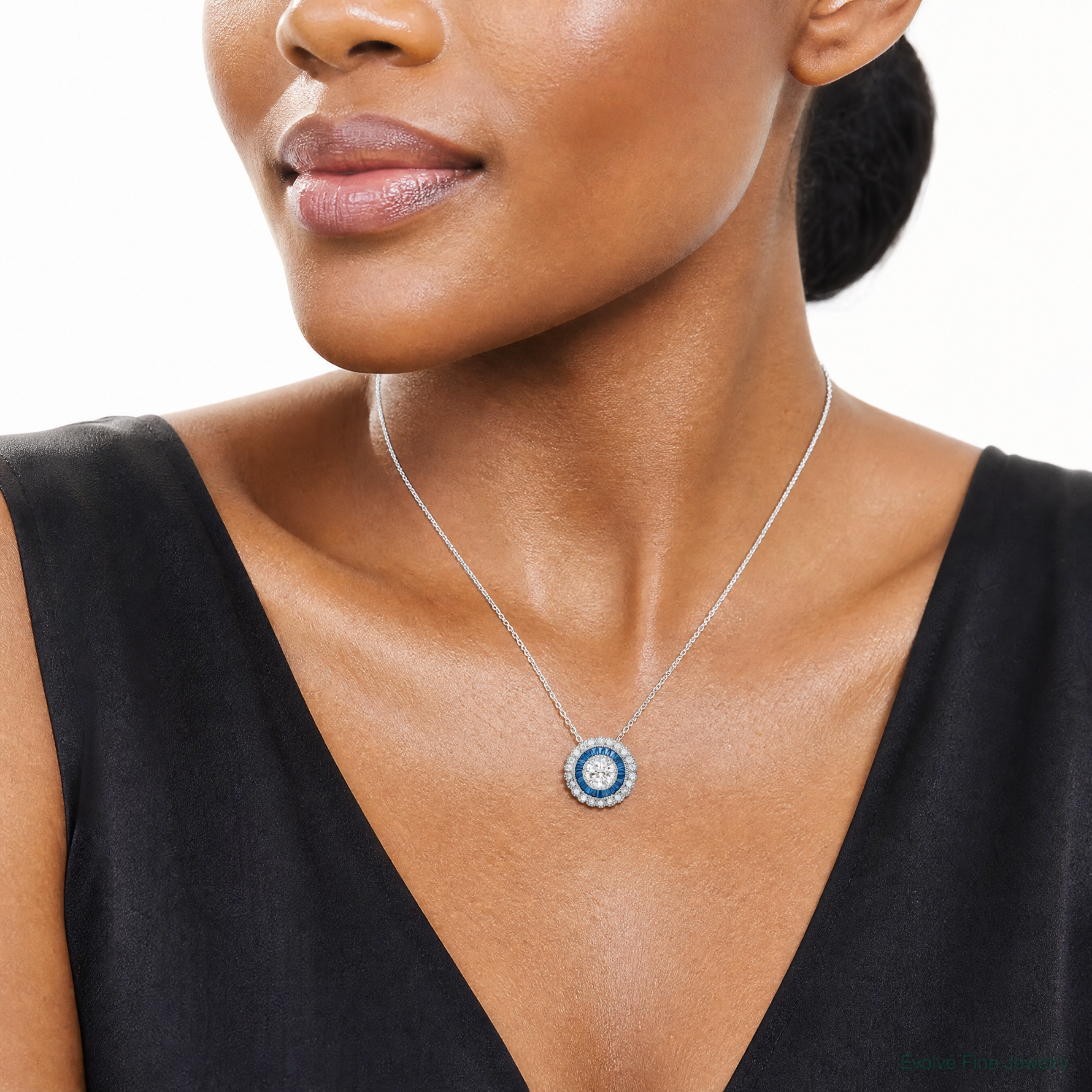 Sterling Silver Rhodium-plated Polished Blue & White CZ Round Chain Slide - Model Shot