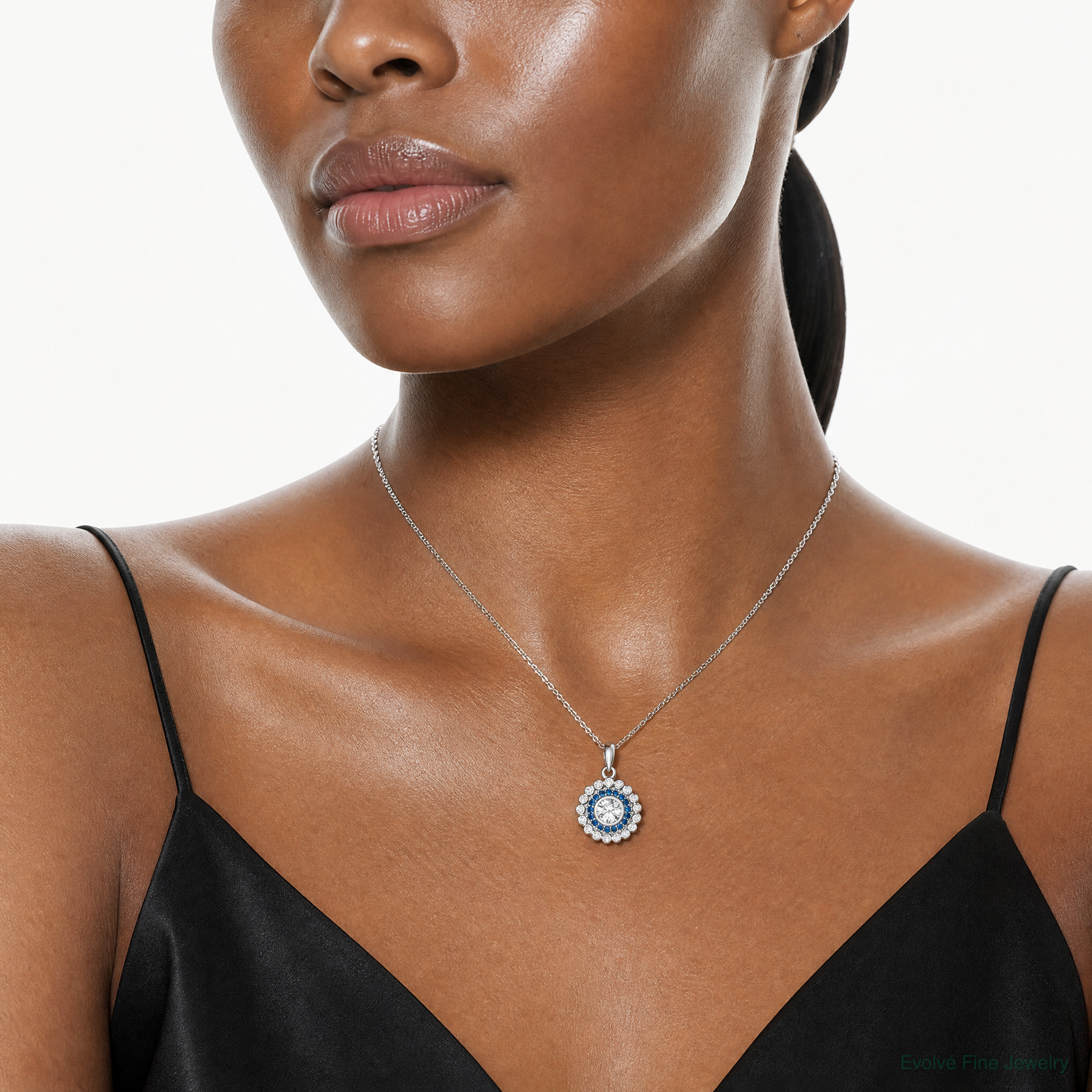 Sterling Silver Rhodium-plated Polished Blue & White CZ Pendant - Model Shot