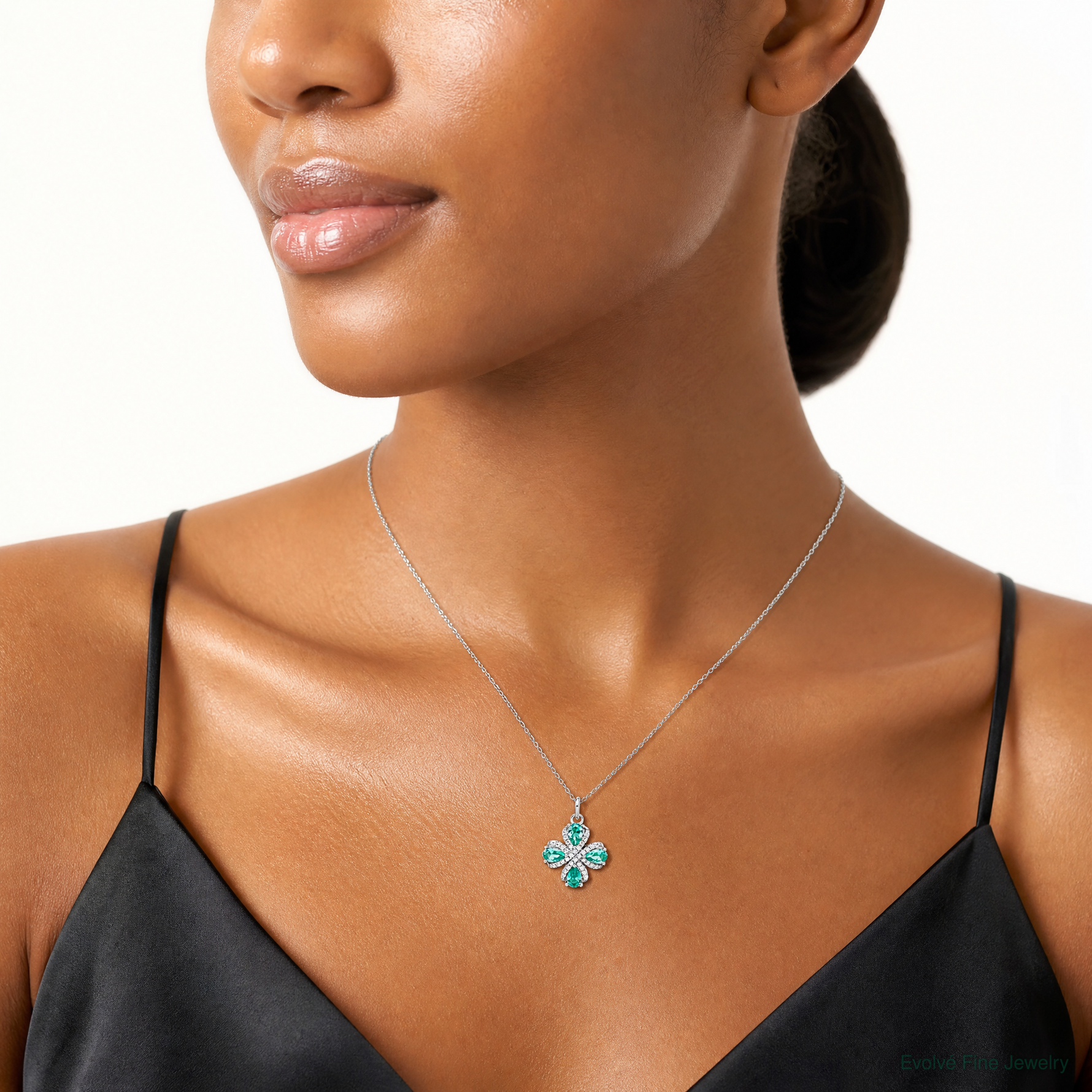 Sterling Silver Rhodium plated Teal & White CZ Pendant - Model Shot