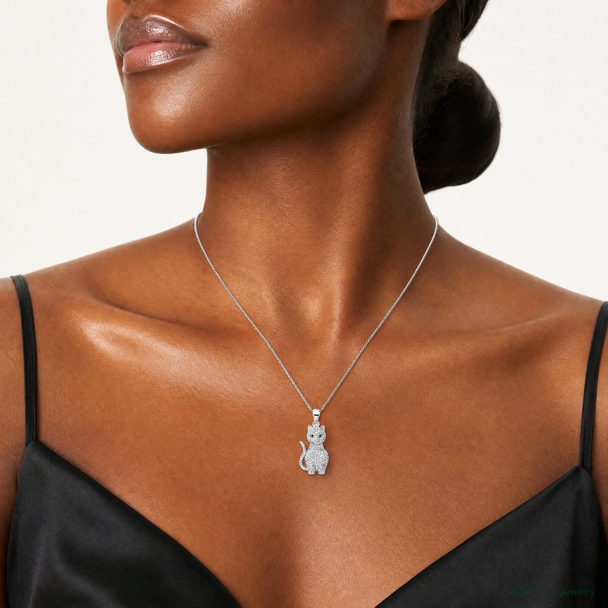 Sterling Silver Rhodium-plated Polished Green & White CZ Cat Pendant - Model Shot