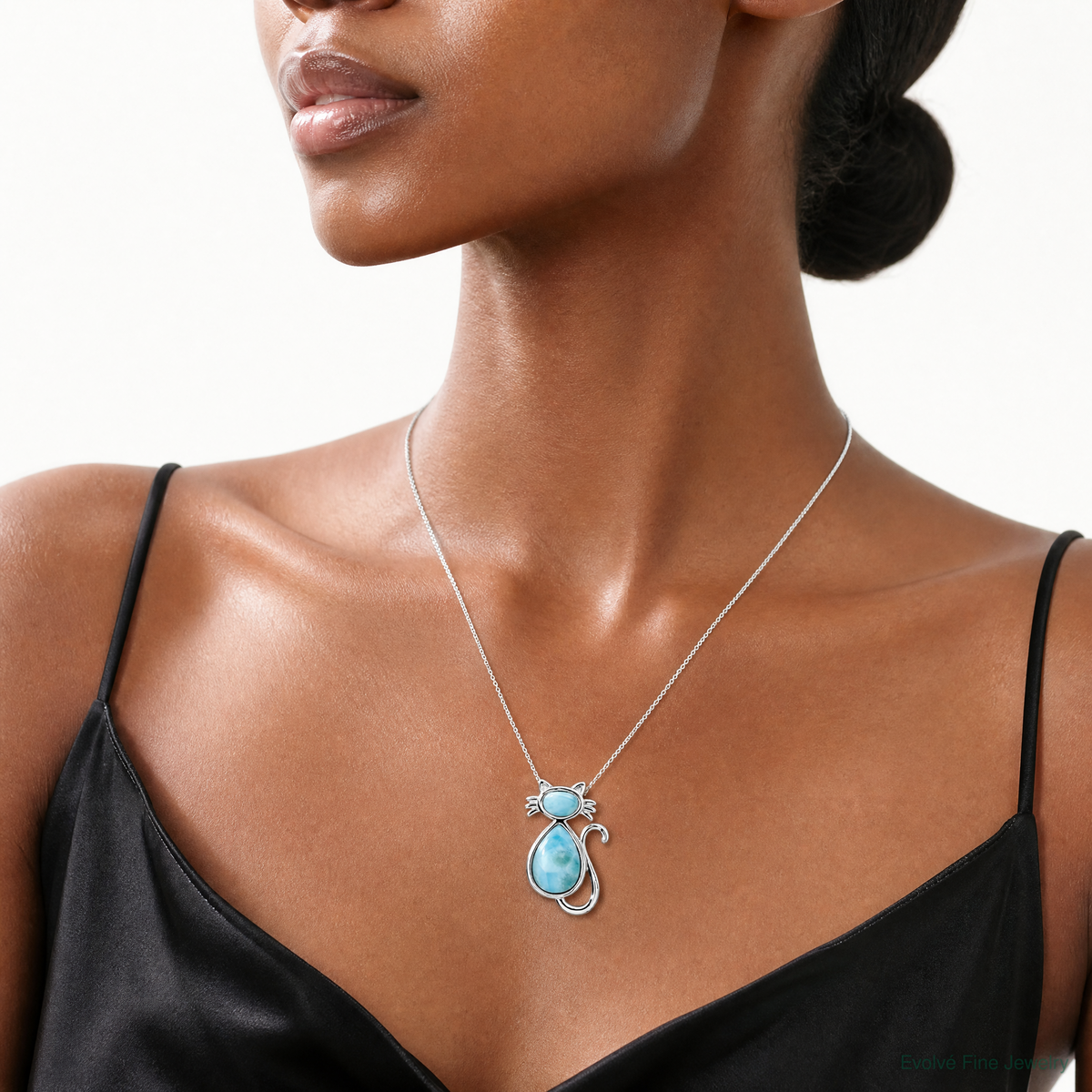 Sterling Silver Rhodium-plated Polished Larimar Cat Chain Slide - Model Shot