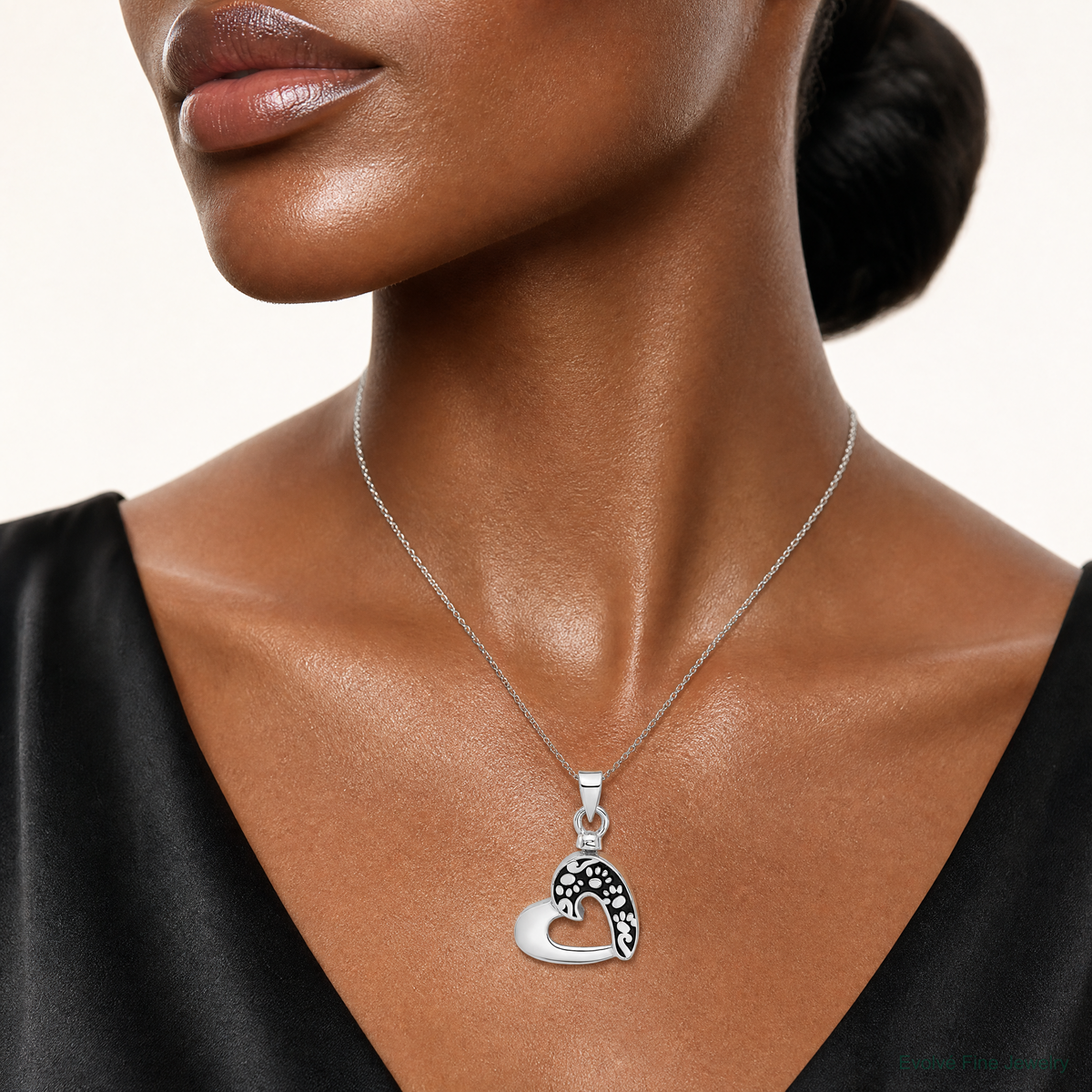 Sterling Silver Rhodium-plated Enamel Heart with Paw Prints Pendant - Model Shot