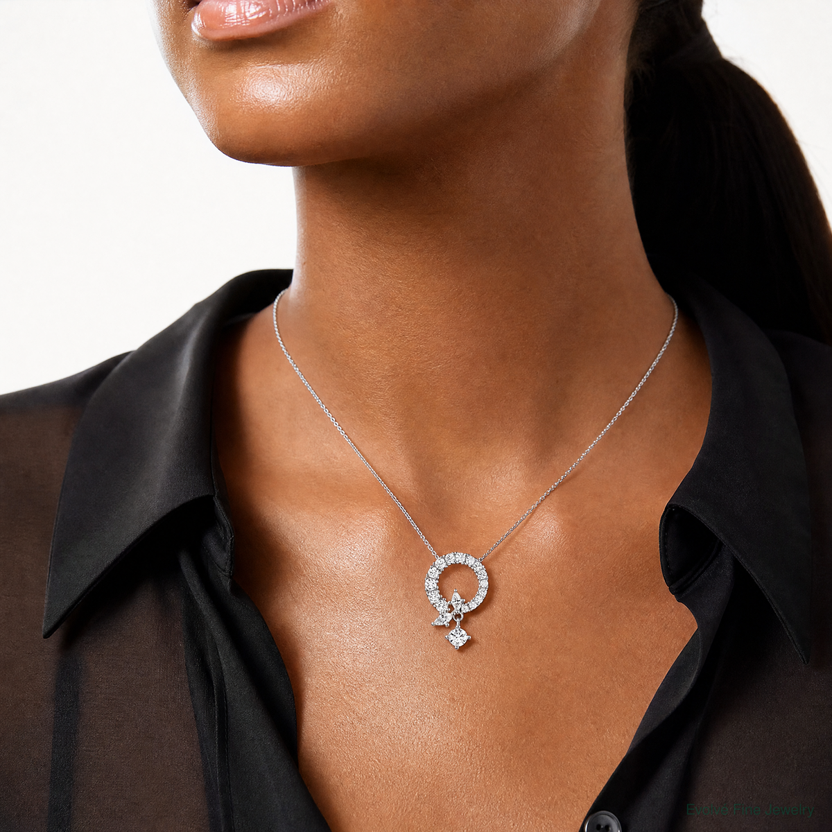 Sterling Silver Rhod-plated CZ Circle Chain Slide Pendant - Model Shot