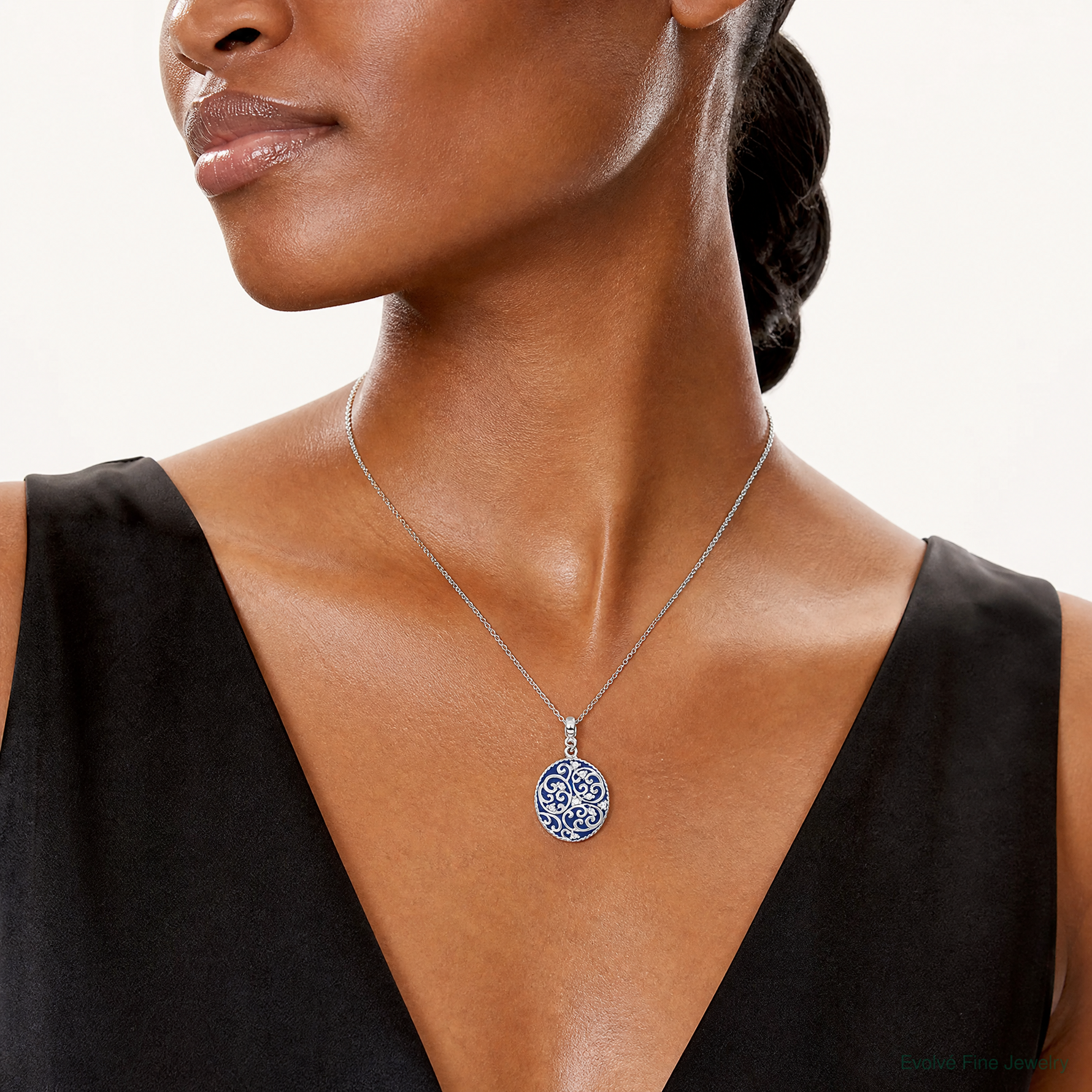 Sterling Silver Rhodium-plated Polished Swirl Blue Enamel CZ Oval Pendant - Model Shot