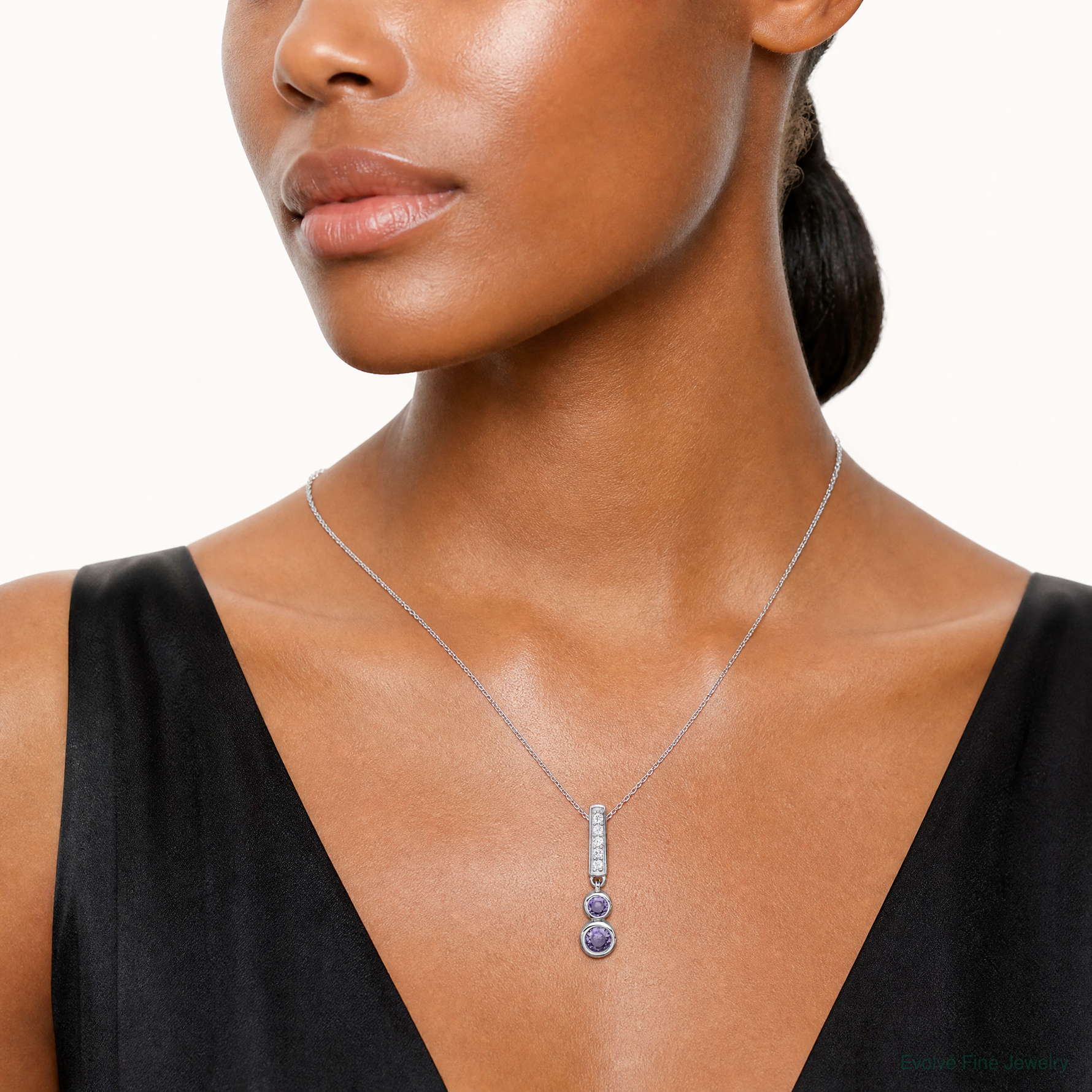 Sterling Silver Rhodium-plated Polished Purple CZ Chain Slide - Model Shot