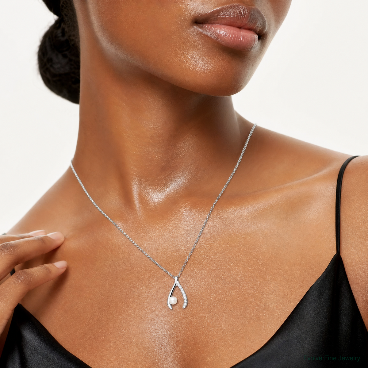 Sterling Silver Rh-plated FWC Pearl/CZ Wishbone Chain Slide Pendant - Model Shot