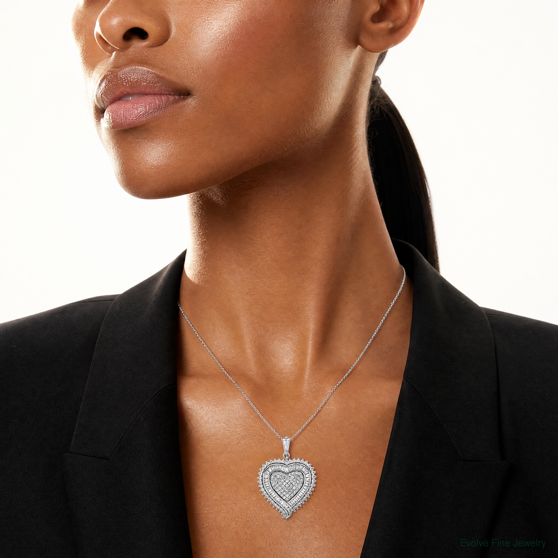 Sterling Silver Rhodium-plated CZ Heart Pendant - Model Shot