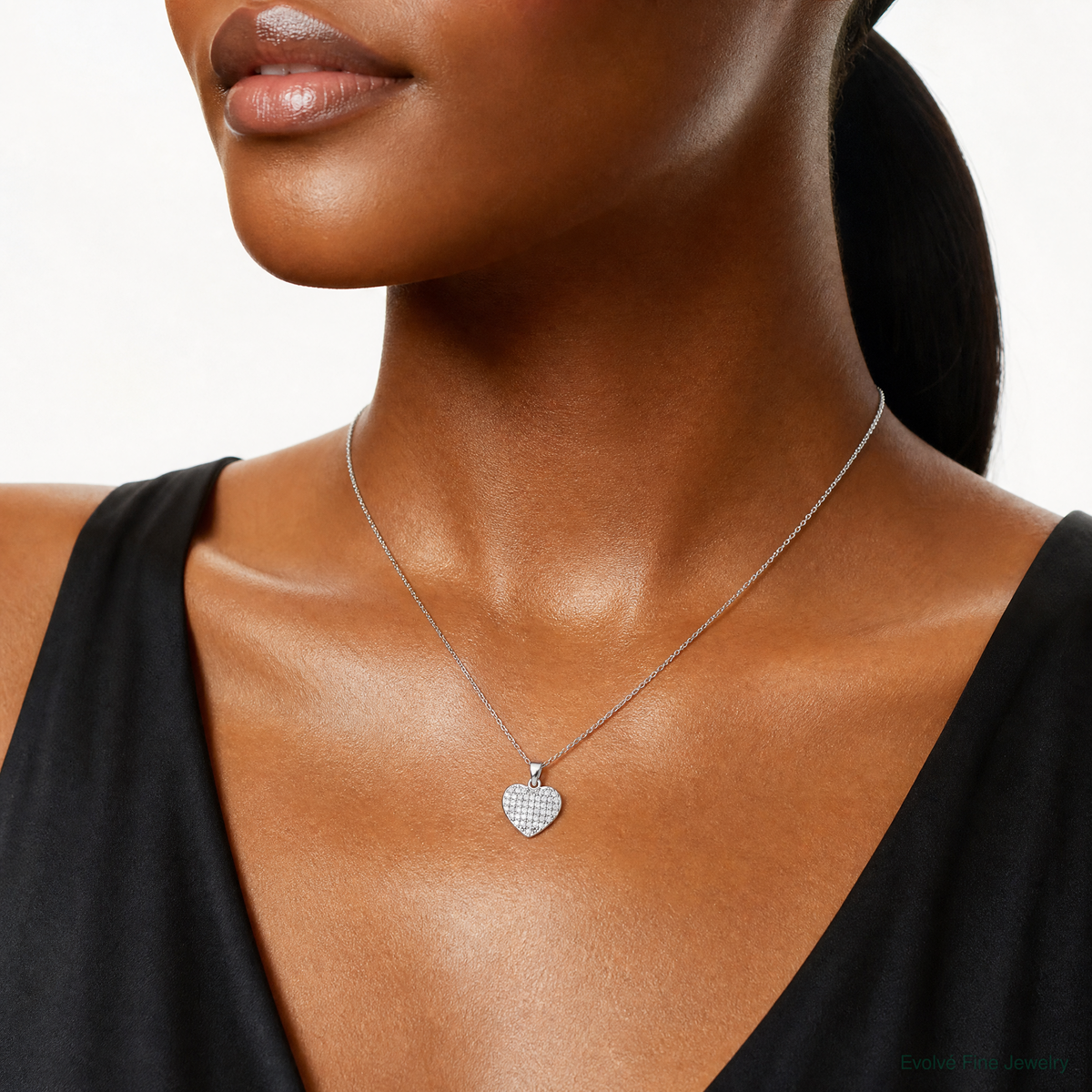 Sterling Silver Rhodium-plated Polished and CZ Pave Heart Pendant - Model Shot