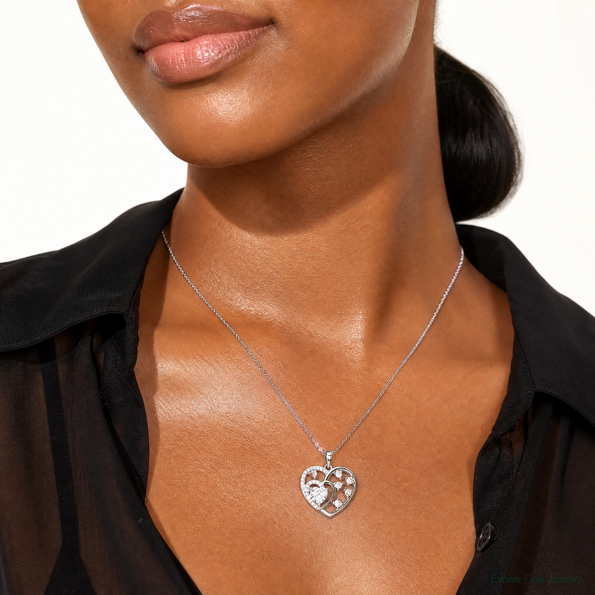 Sterling Silver Rhodium-plated CZ Heart Pendant - Model Shot