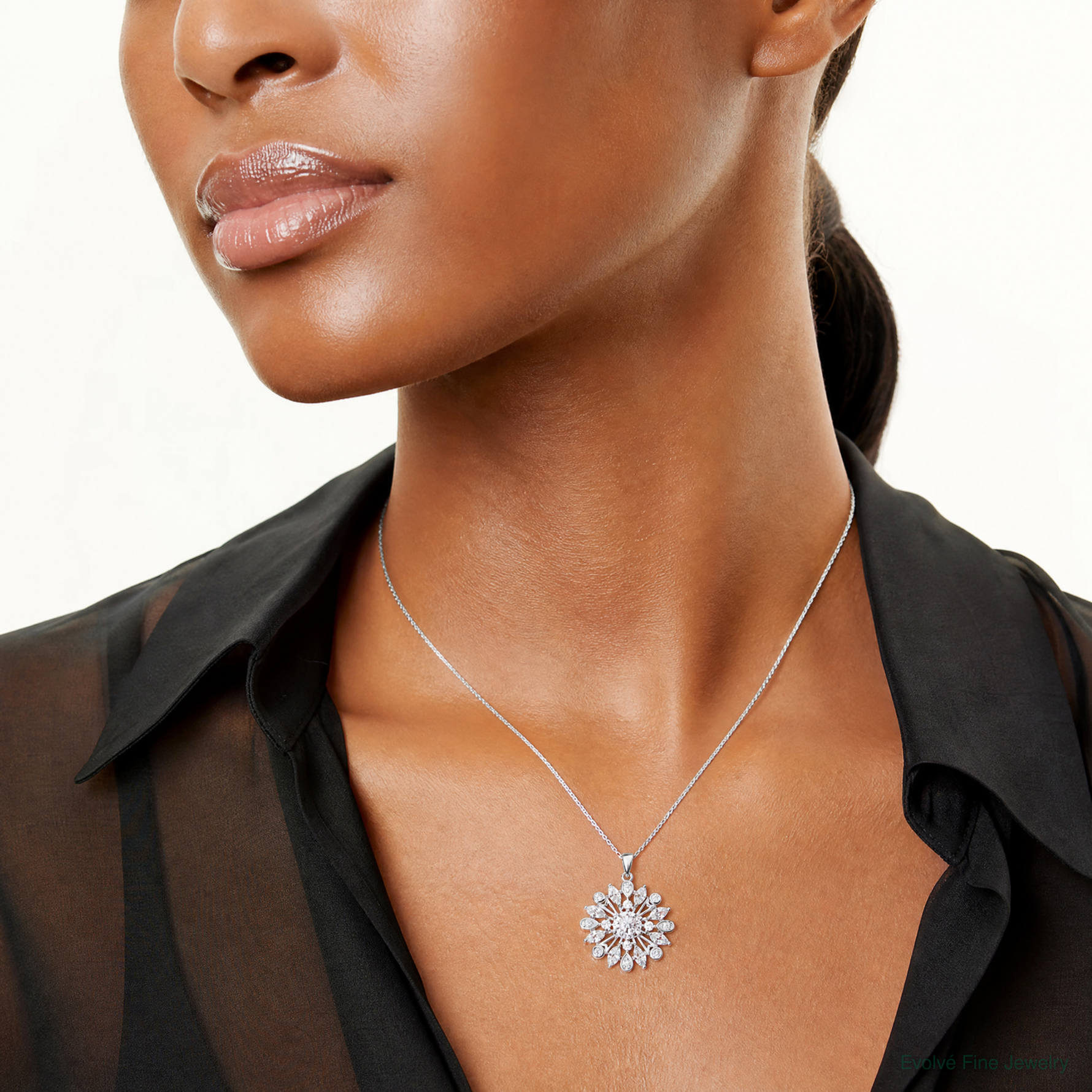 Sterling Silver Rhodium-plated CZ Floral Pendant - Model Shot