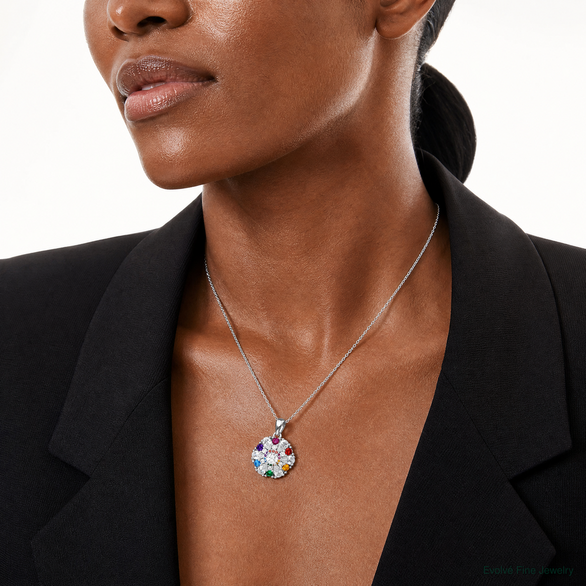 Sterling Silver Rhodium-pltd Rainbow Nano Crystal &Clear CZ Floral Pendant - Model Shot