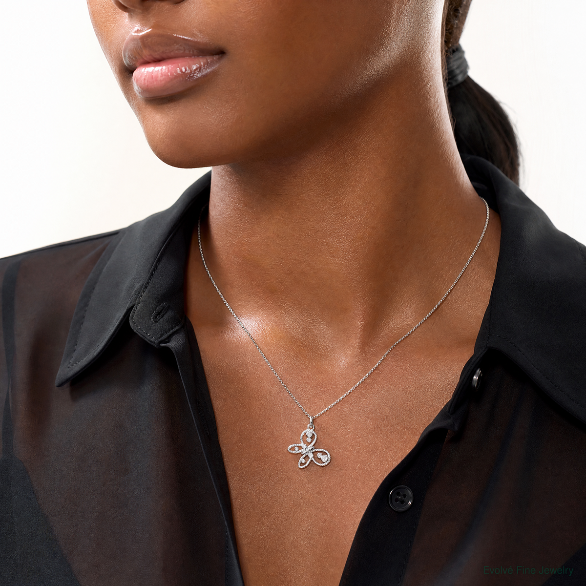 Sterling Silver Rhodium-plated CZ Butterfly Pendant - Model Shot