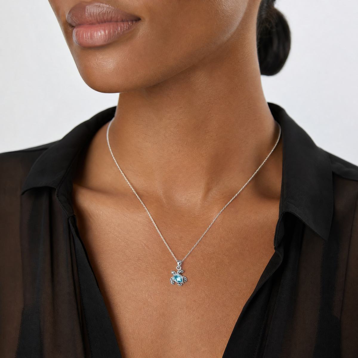 Sterling Silver Rh-plated Antiqued Crystal March Turtle Pendant - Model Shot