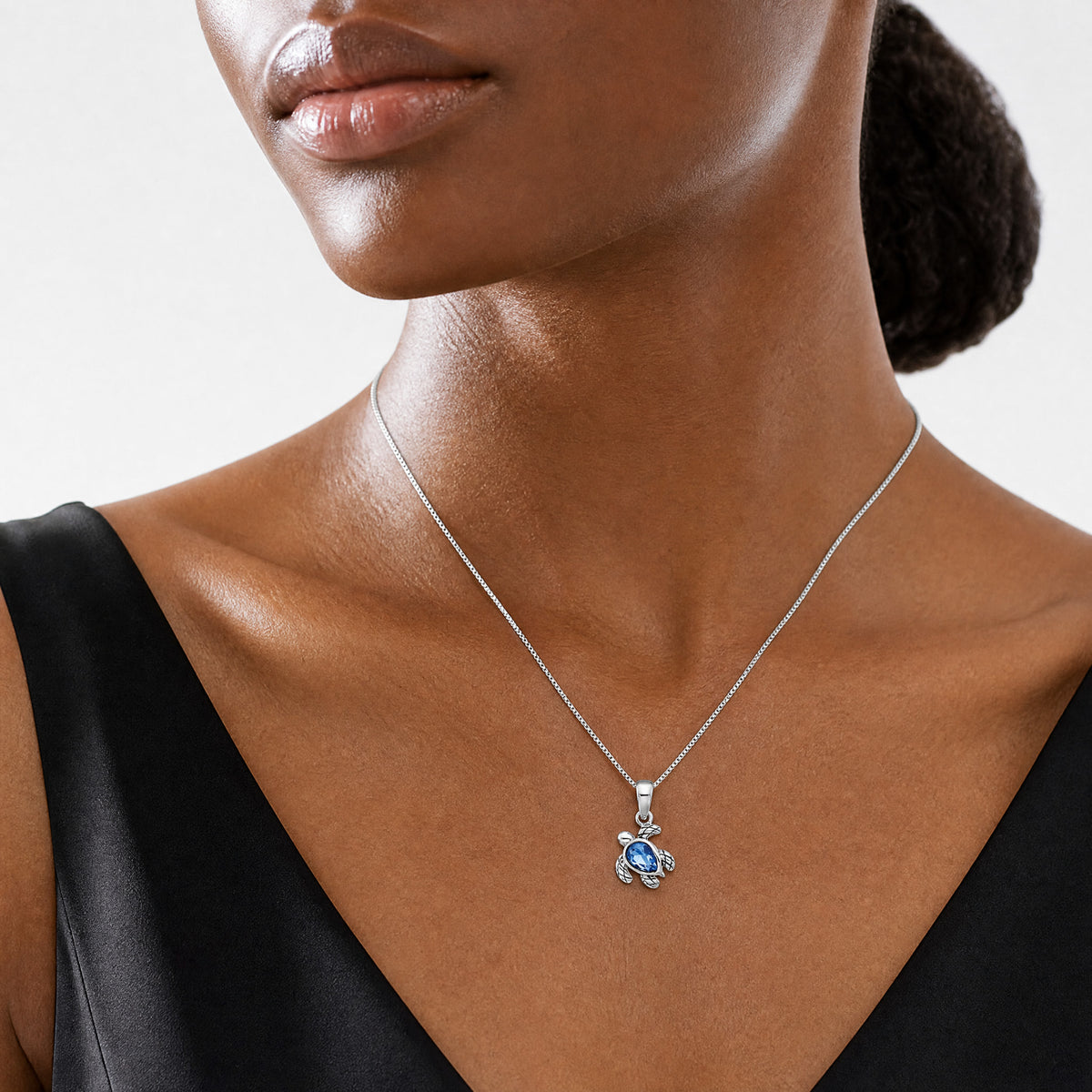 Sterling Silver RH-plated Antiqued Crystal Sep Birthstone Turtle Pendant - Model Shot