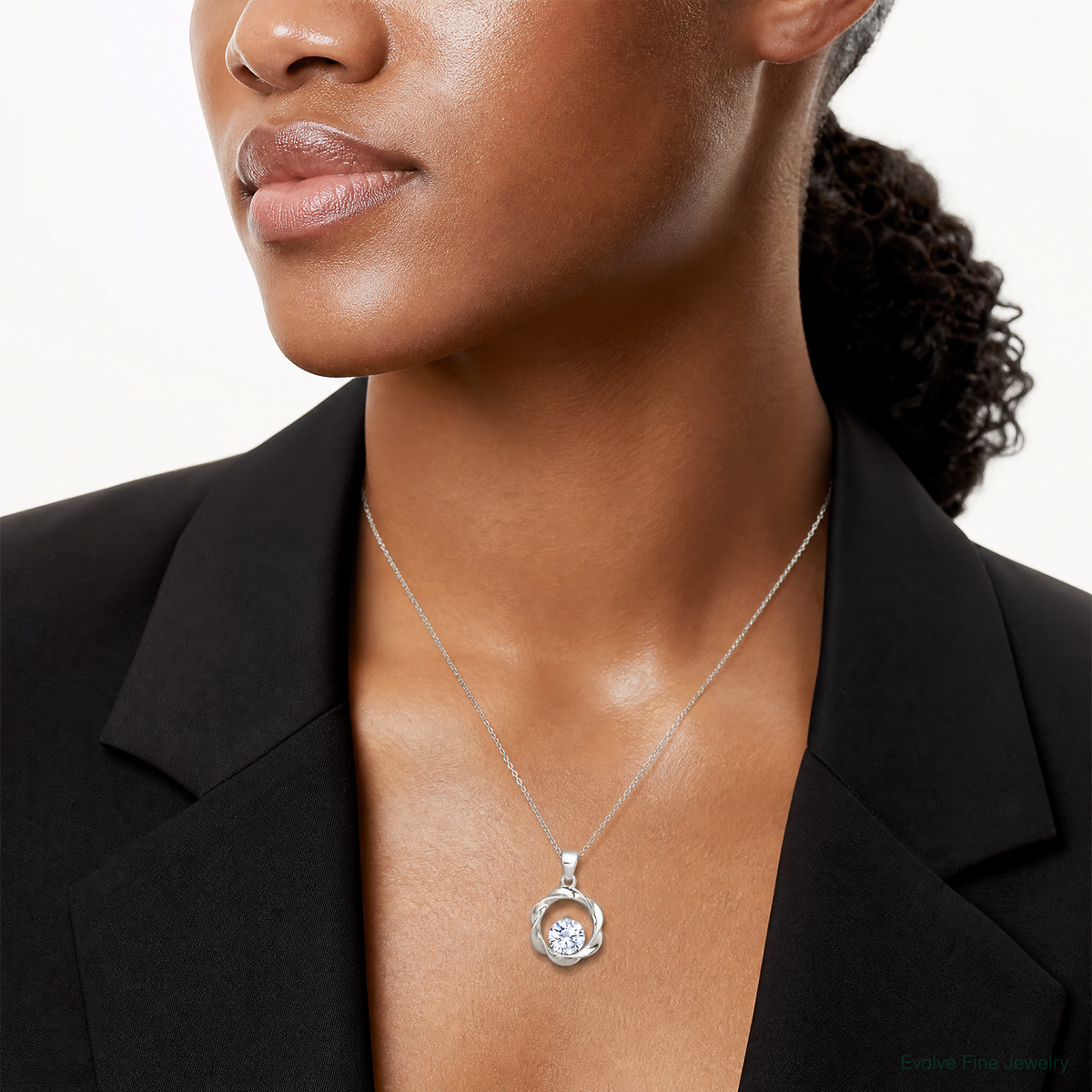 Sterling Silver Polished CZ Twisted Circle Pendant - Model Shot