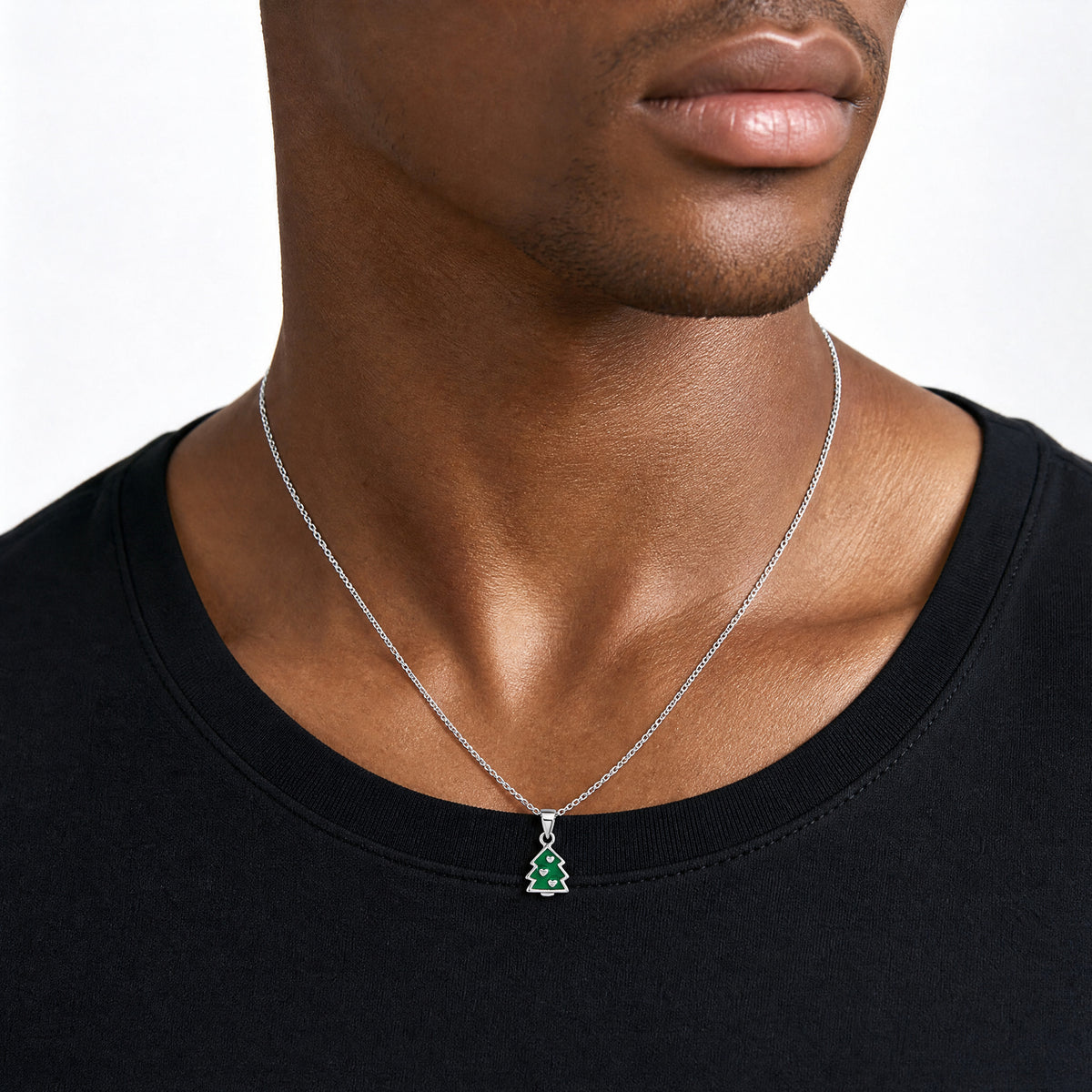 Sterling Silver Rhodium-plated Green Enamel Tree with Heart Pendant - Model Shot