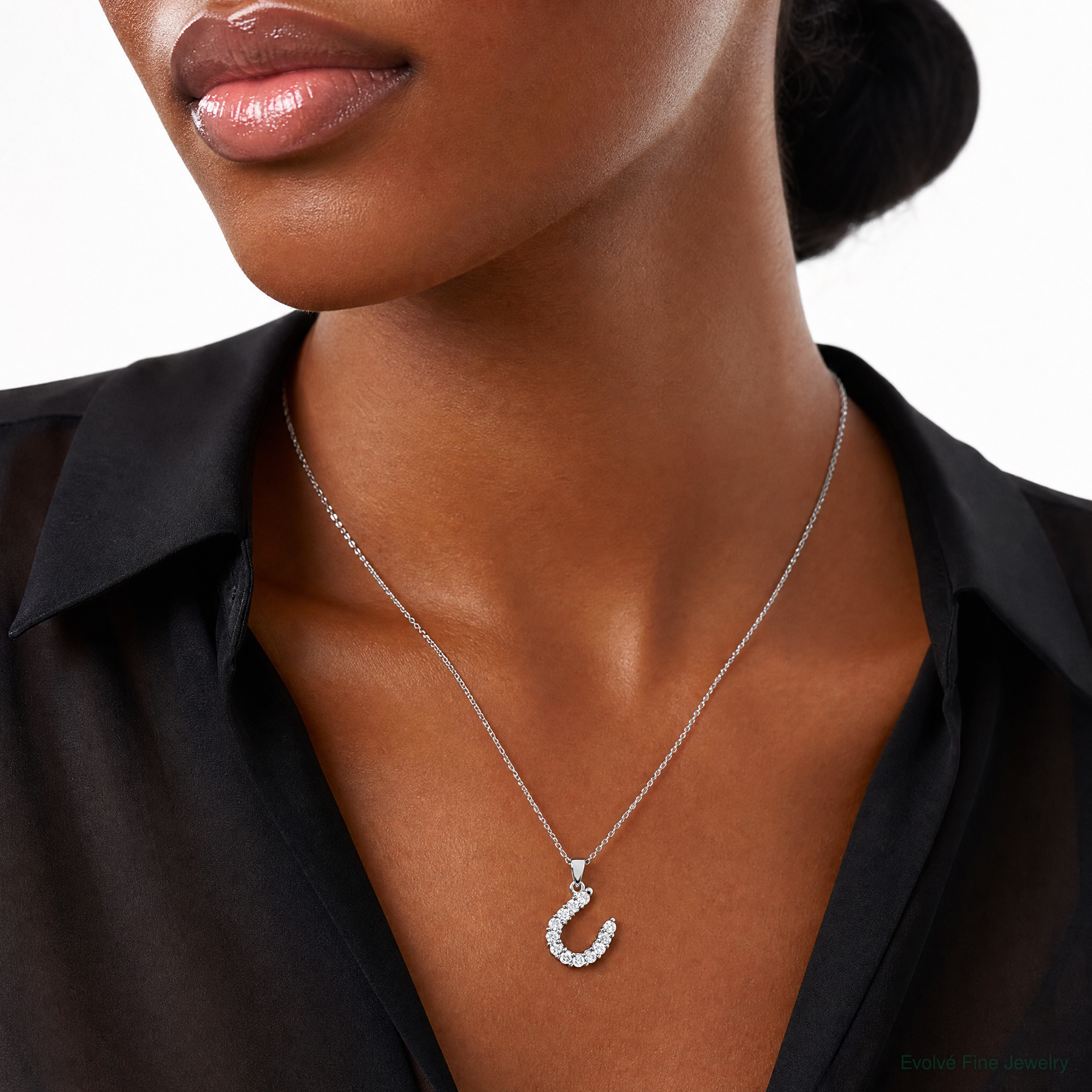 Sterling Silver Rhodium-plated Horseshoe CZ Pendant - Model Shot