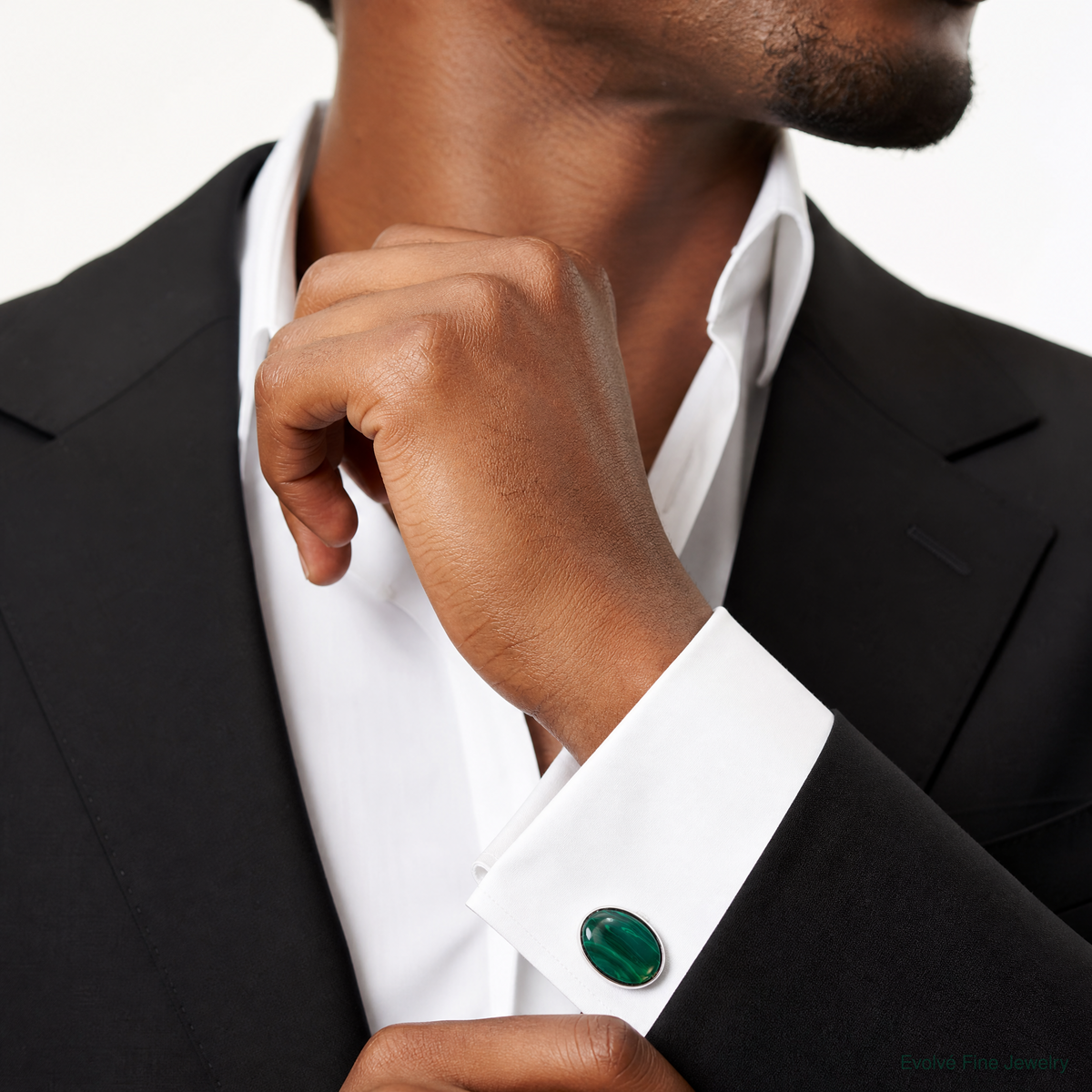 Sterling Silver Polished Malachite Oval Cuff Links - Model Shot