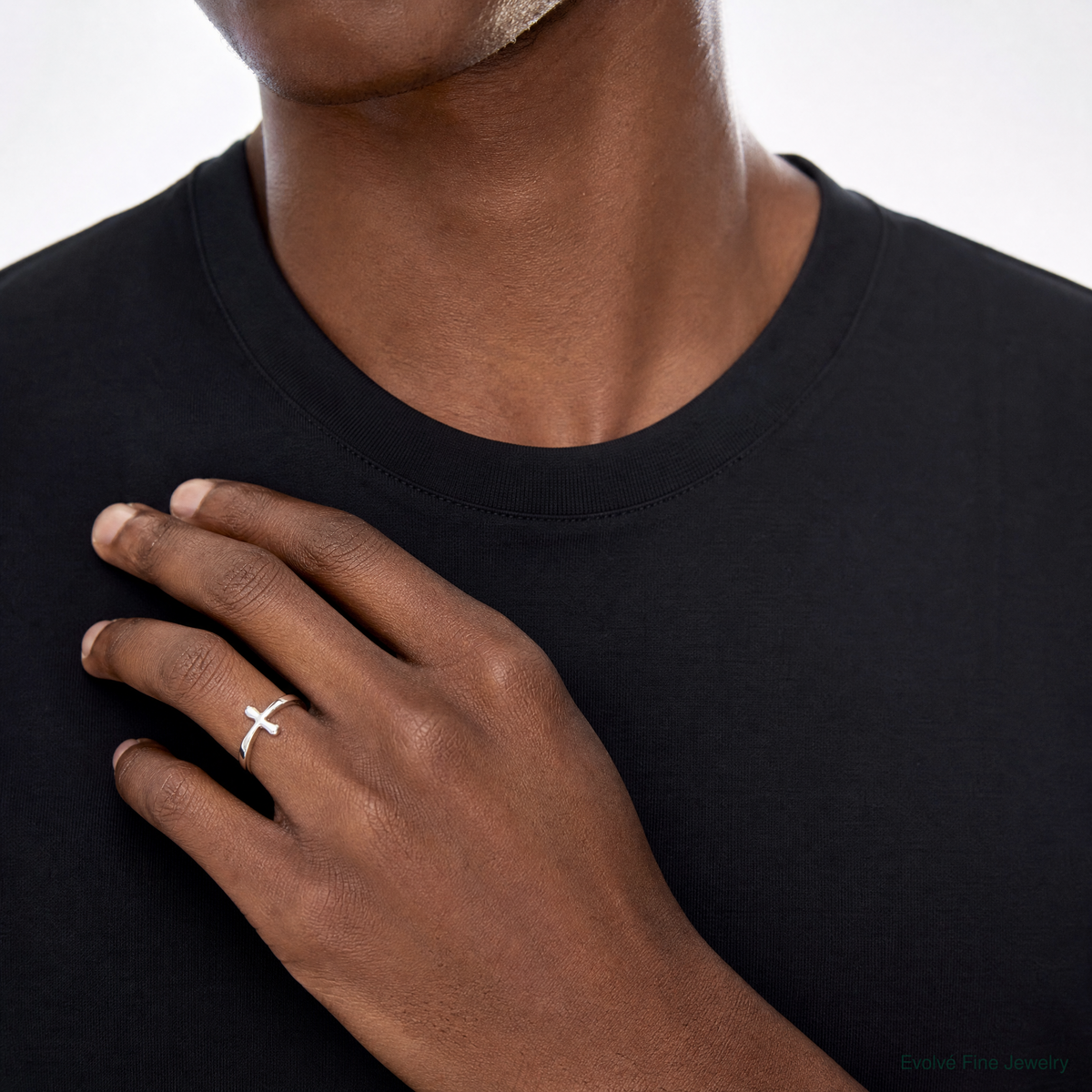 Sterling Silver Horizontal Tiny Freeform Cross Ring - Model Shot