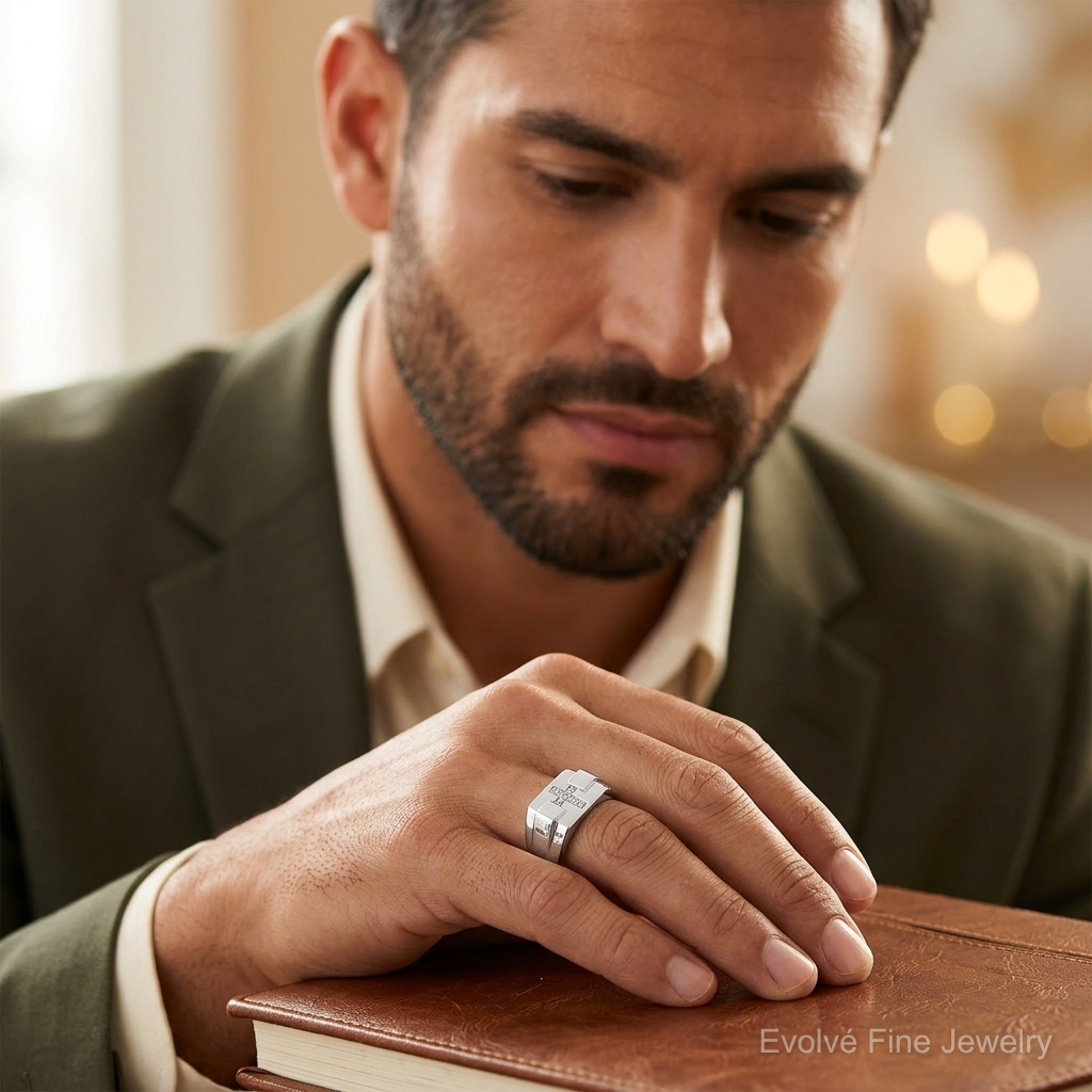 Sterling Silver Rhodium Diam. Cross Signet Ring - Model Shot
