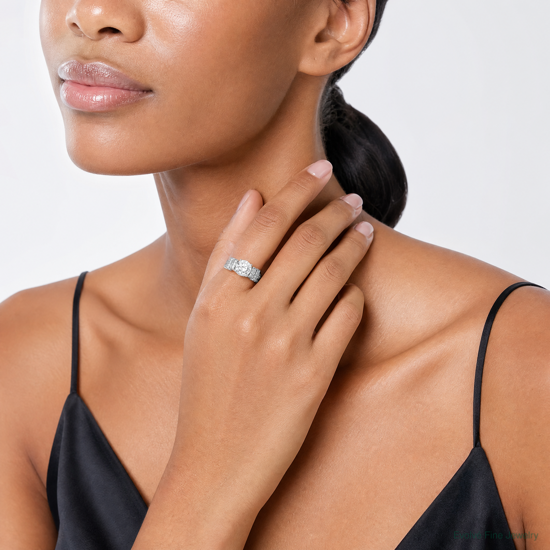 Sterling Silver Rhodium-plated CZ Tiered Pavé Ring - Model Shot