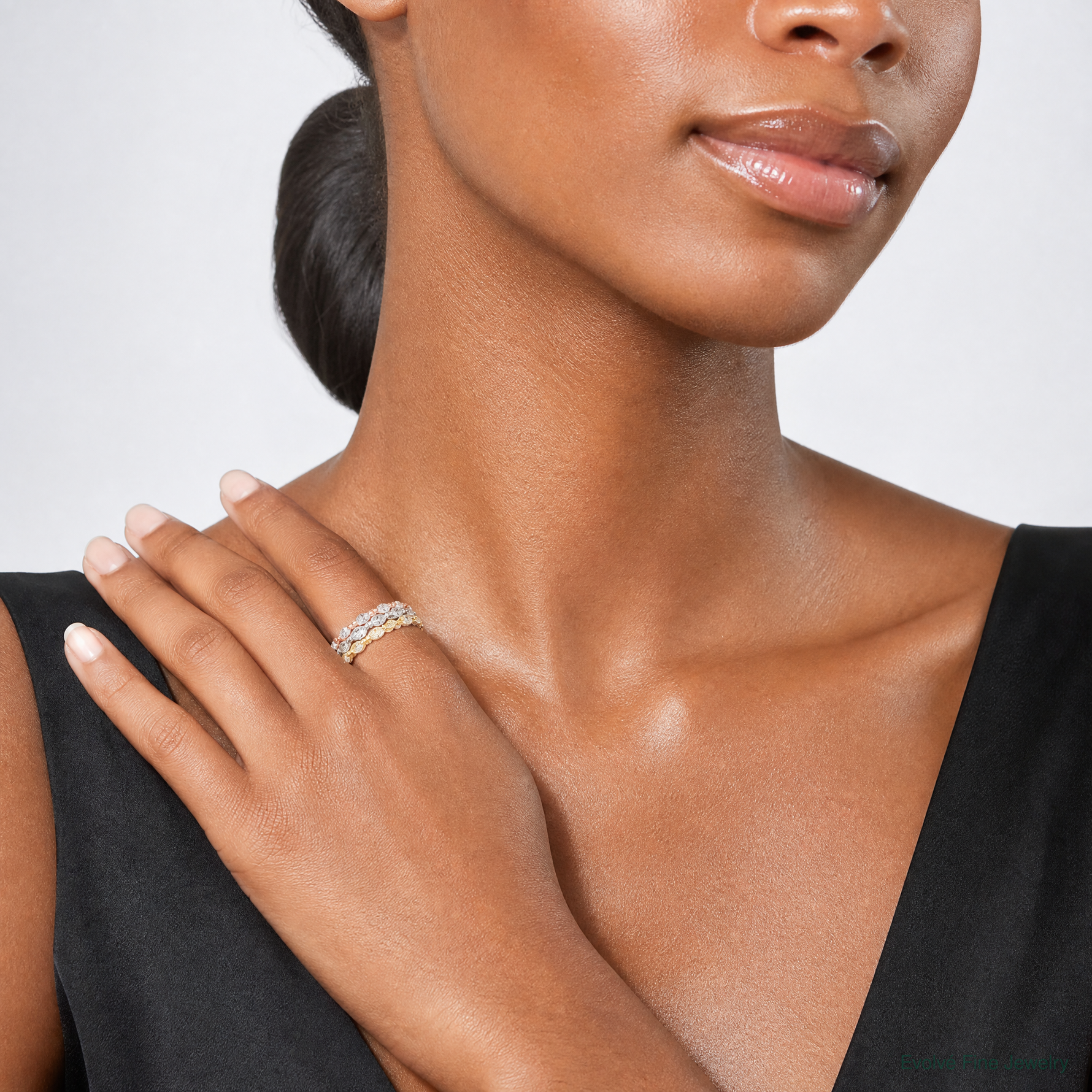 Sterling Silver Rose & Gold-tone Marquise CZ Eternity 3 Ring Set - Model Shot