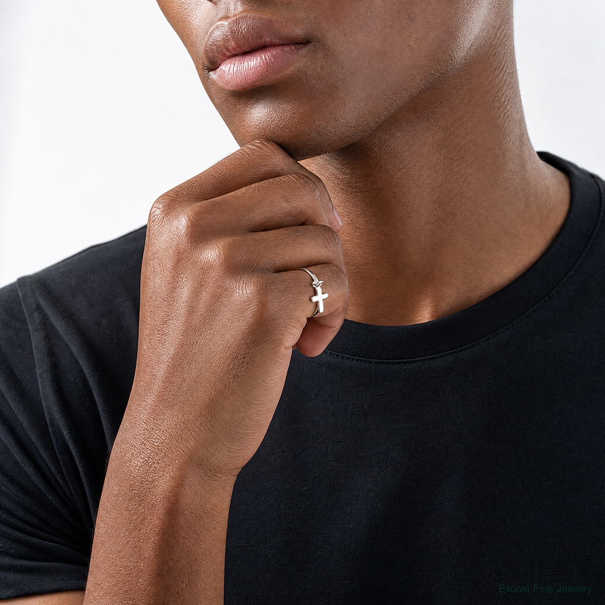 Sterling Silver Solid Cross Dangle Ring - Model Shot