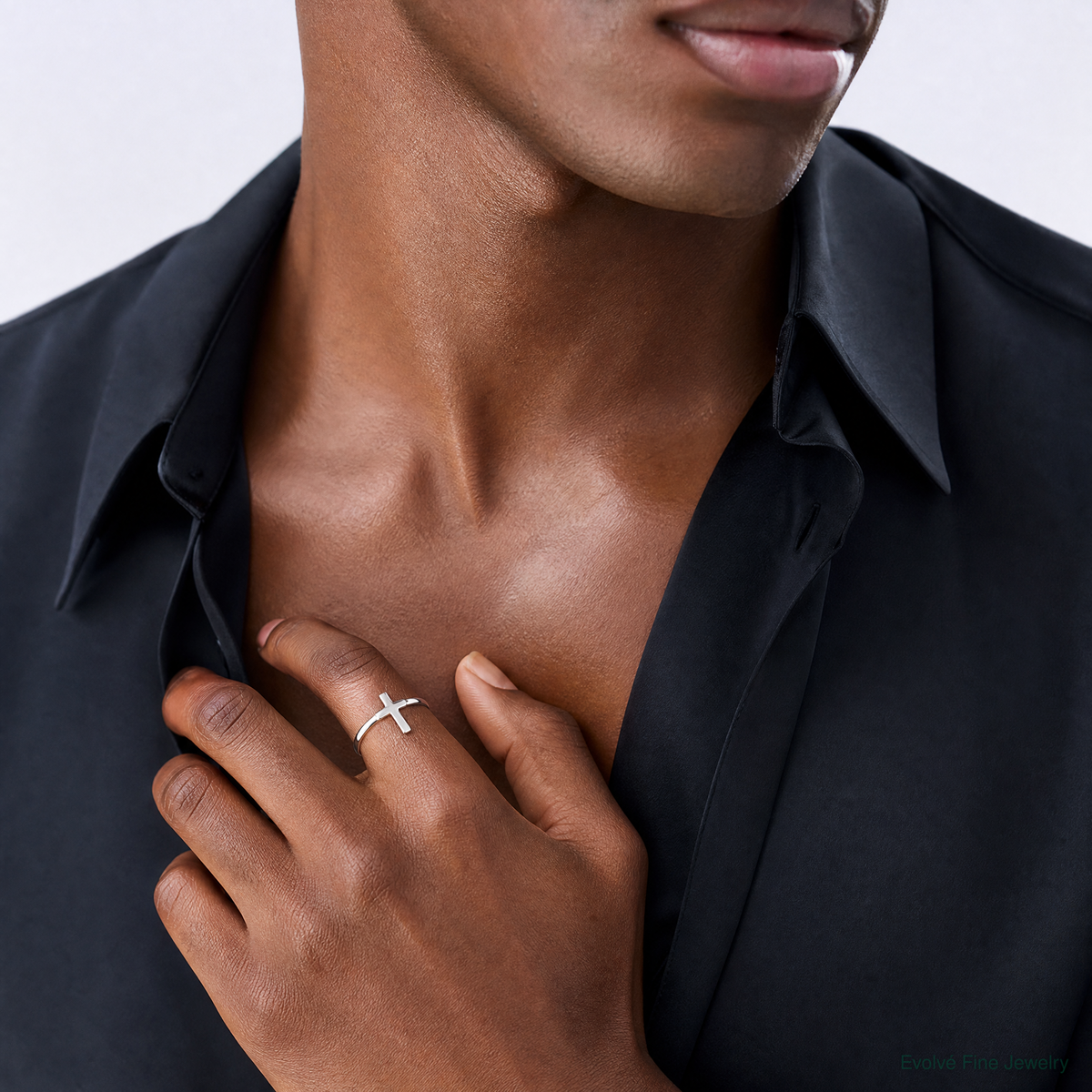 Sterling Silver Solid Cross Ring - Model Shot
