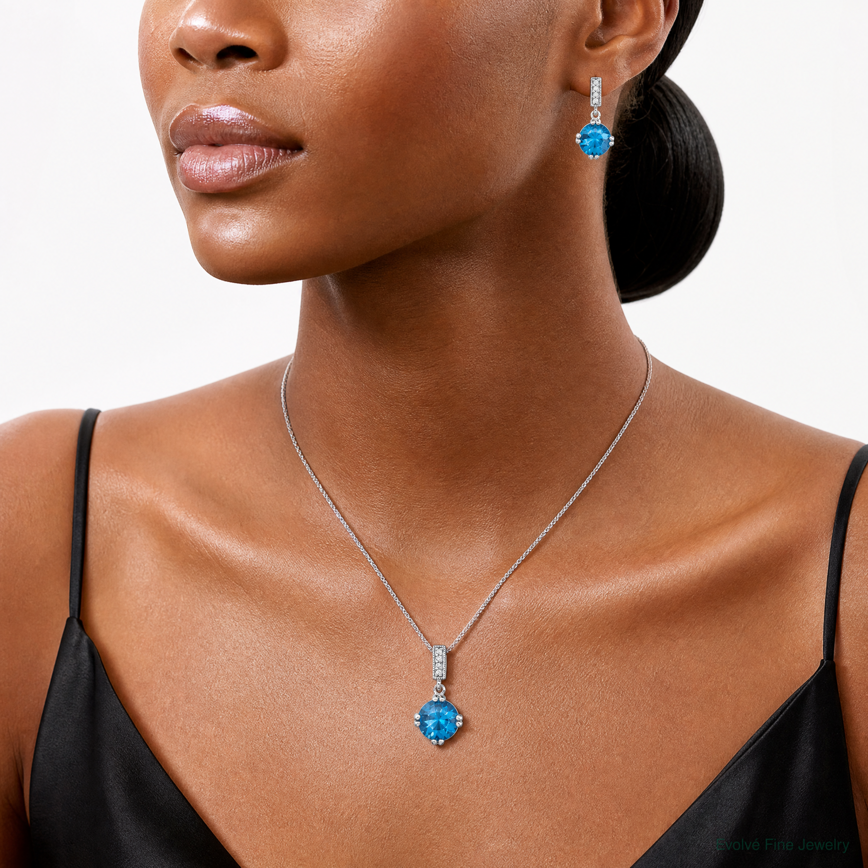 Sterling Silver Rhod-plated Blue and Clear CZ Pendant and Earring Set - Model Shot
