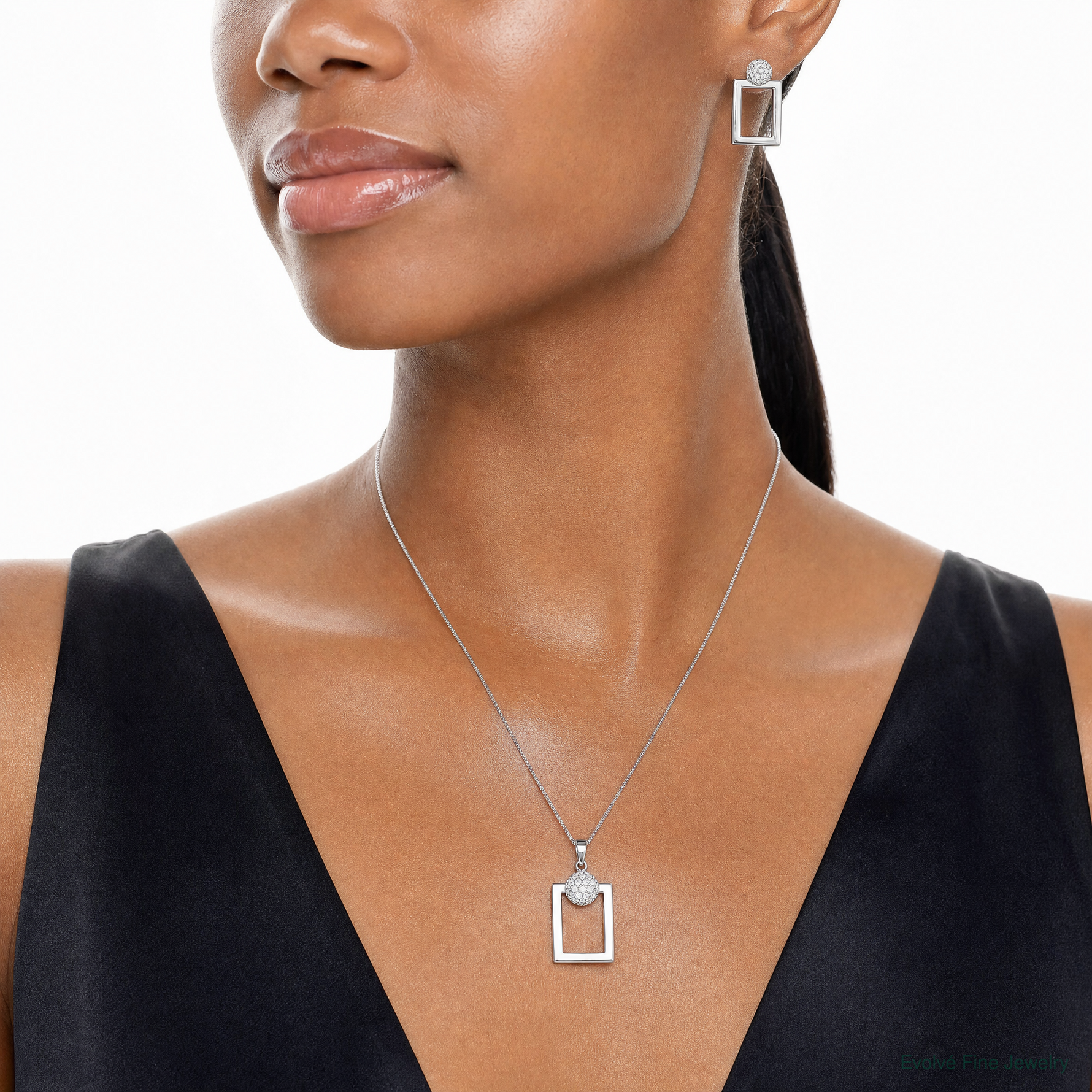 Sterling Silver RH-plated Micro Pave CZ Rectangle Earrings and Pendant Set - Model Shot