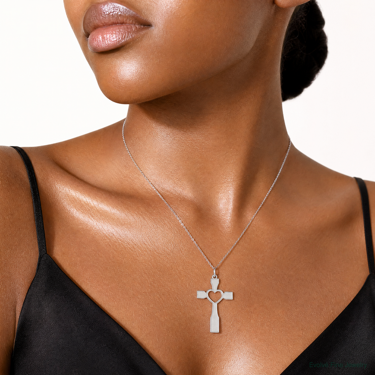 Sterling Silver Rhodium-plated Laser Cut Cross Pendant - Model Shot