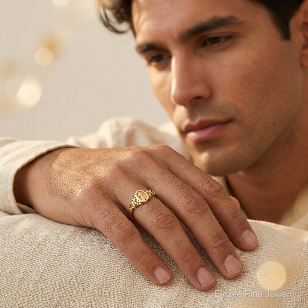 14K Cross Inside Oval W/Scroll and Heart Ring - Model Shot