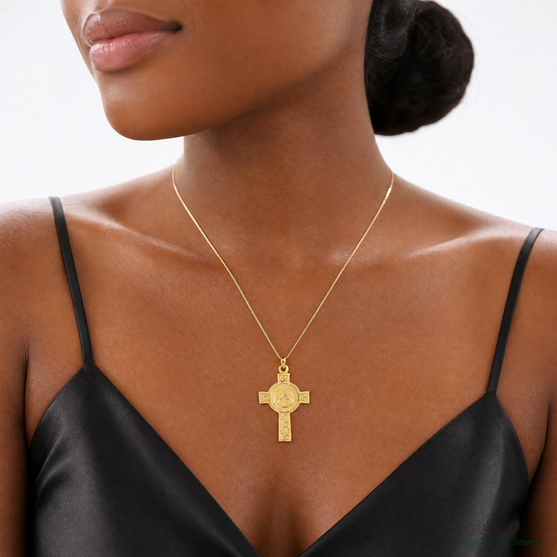 14k Cross with Miraculous Medal Pendant - Model Shot