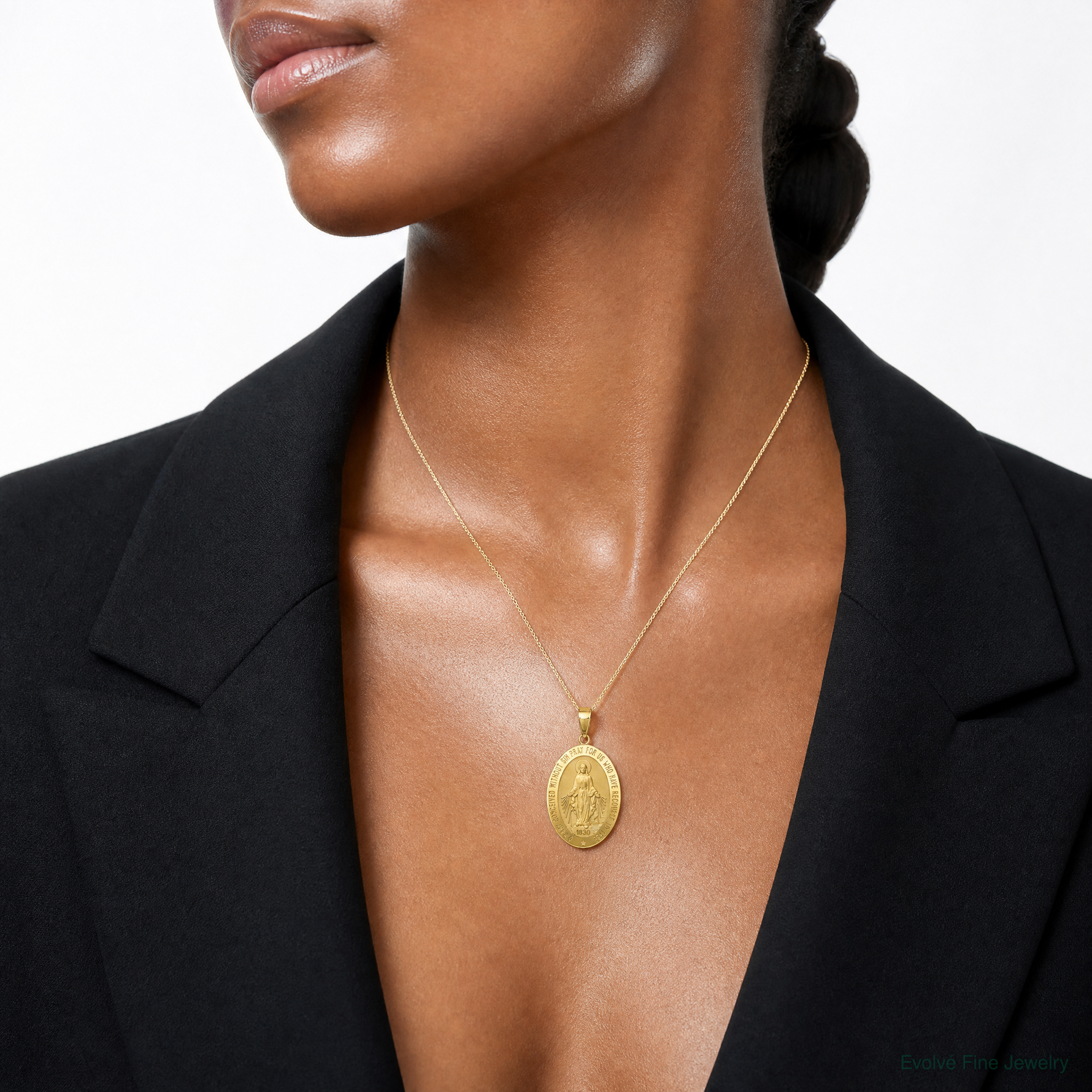 14k Miraculous Medal Pendant - Model Shot