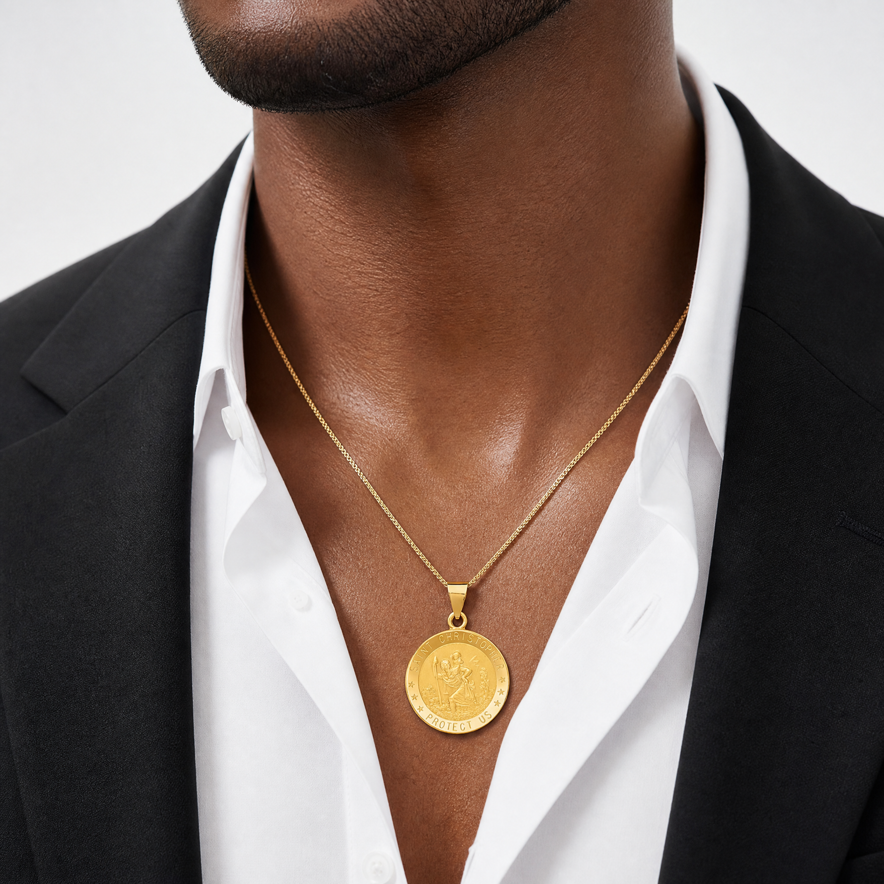 14k Saint Christopher Medal Hollow Pendant - Model Shot
