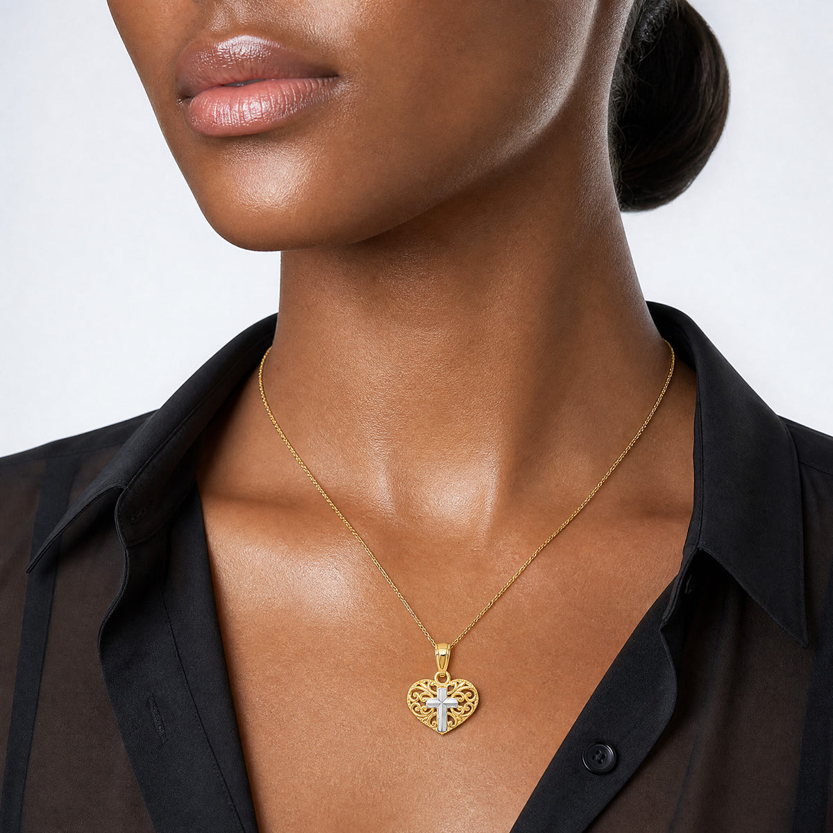 14k w/Rhodium Cross in Heart Pendant - Model Shot