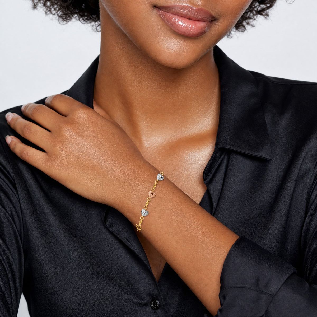 14k Tri-color Puff Heart Bracelet - Model Shot