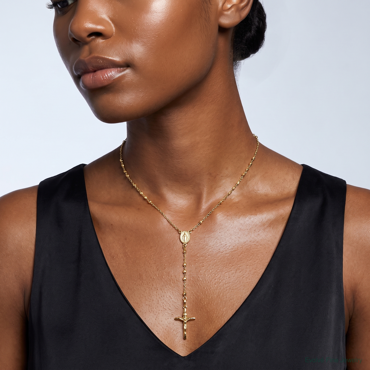 14k 3mm Mirror Beaded Semi-solid Rosary Necklace - Model Shot