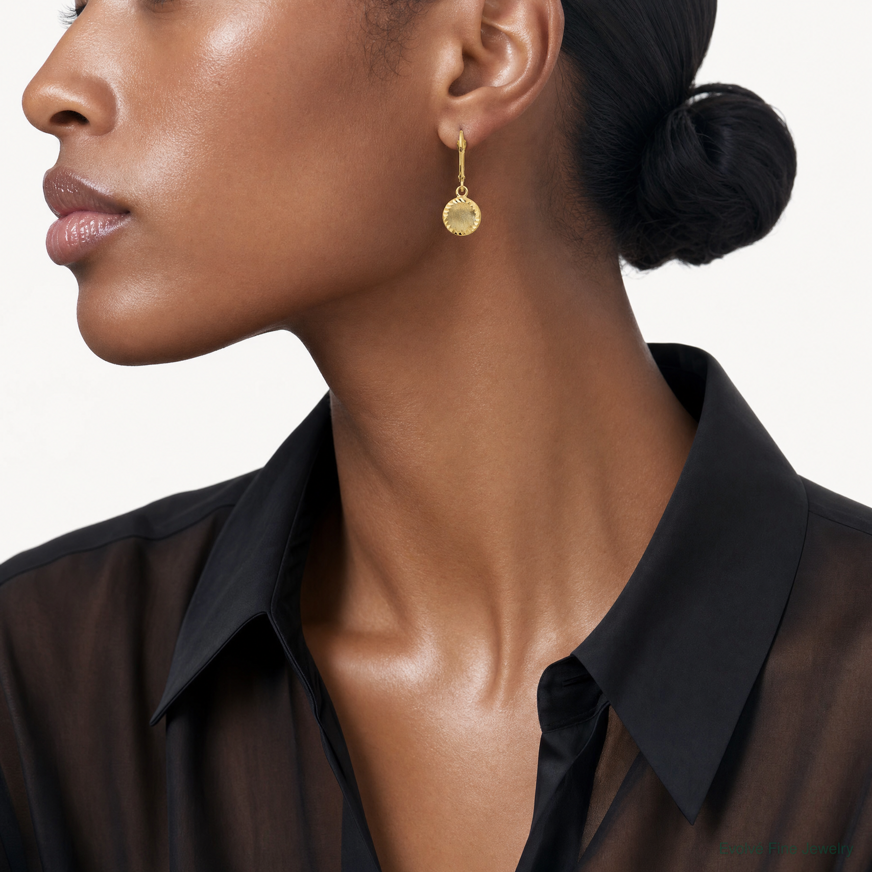 14k Brushed and Polished Diamond-cut Circle Leverback Earrings - Model Shot