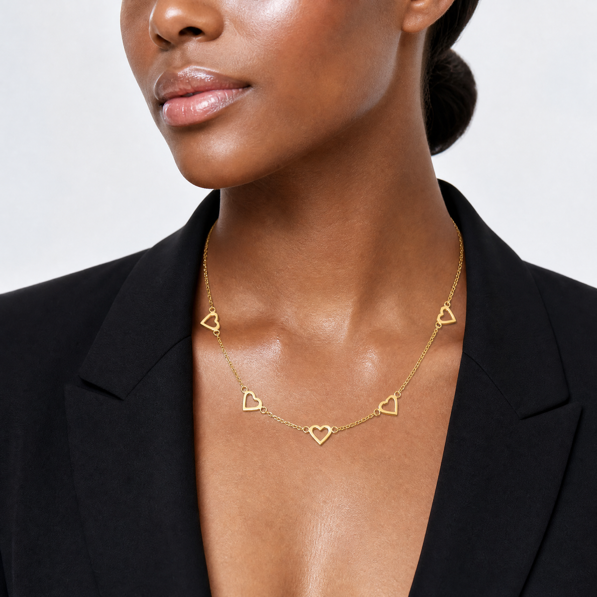 14k Polished Open Hearts on Heart Link 16in Necklace - Model Shot