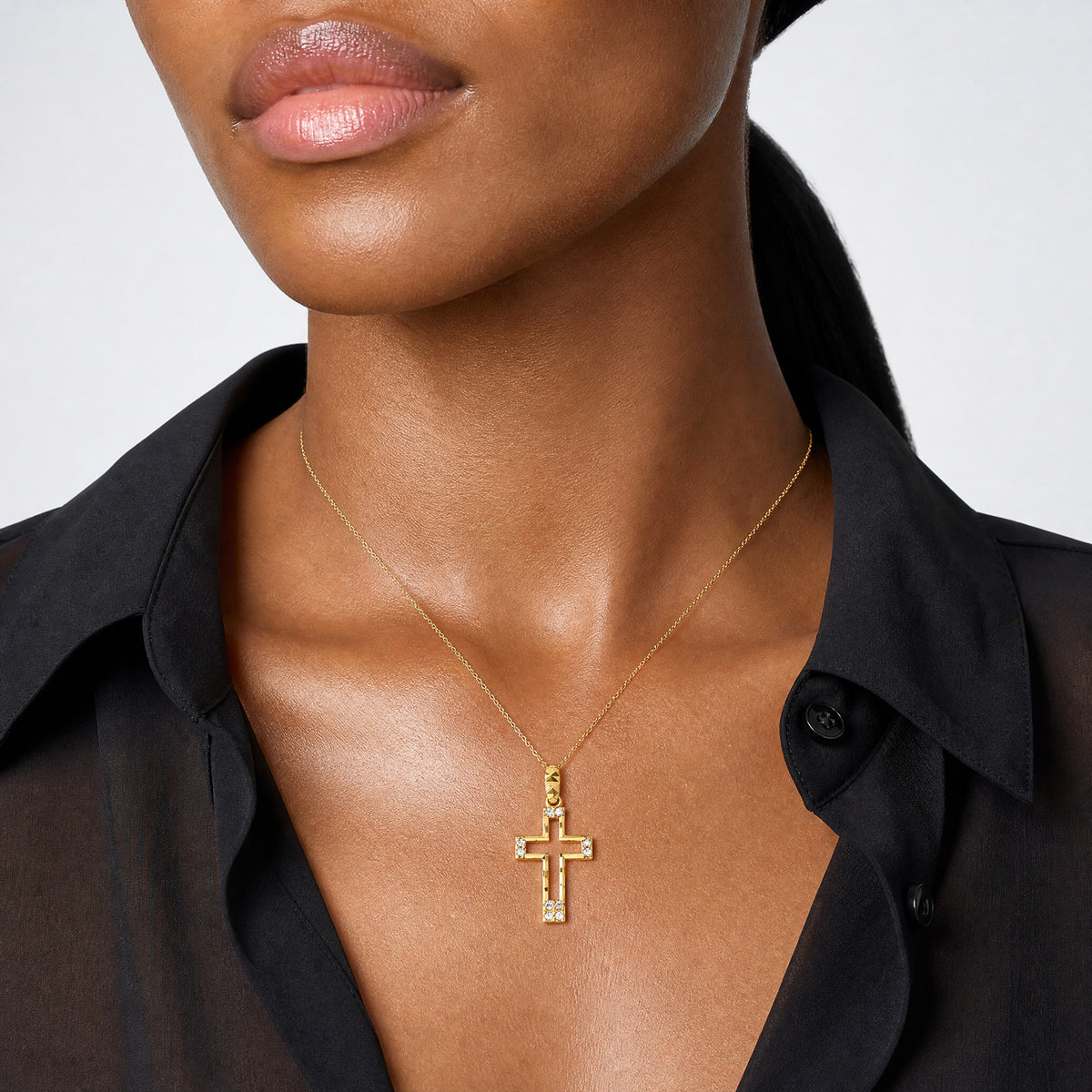 14k Polished CZ Cross Pendant Necklace - Model Shot
