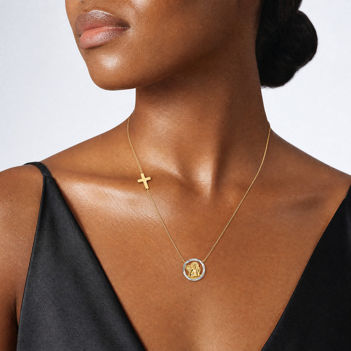 14k Rhodium-plated D/C Angel & Cross Necklace - Model Shot