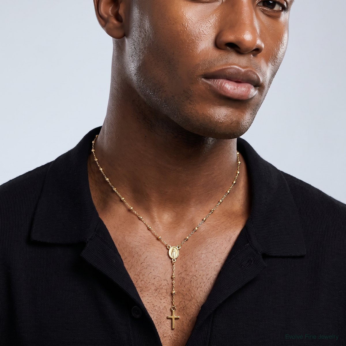14k Gold Polished & D/C w/3in ext. Rosary Necklace - Model Shot