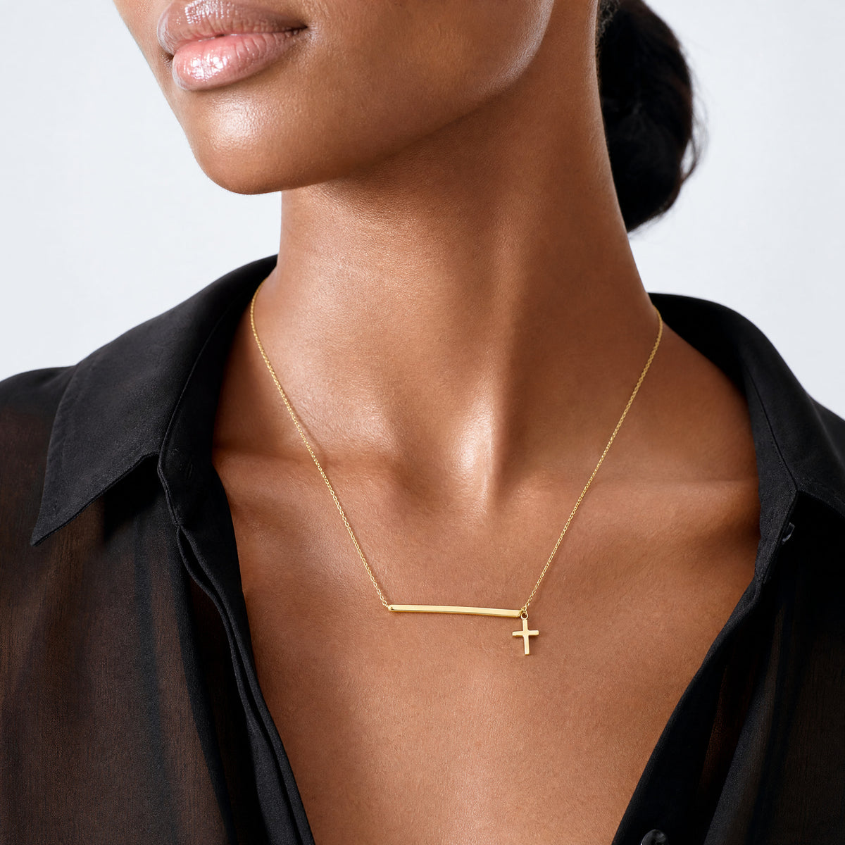 14k Polished Cross w/ 2in ext. Necklace - Model Shot