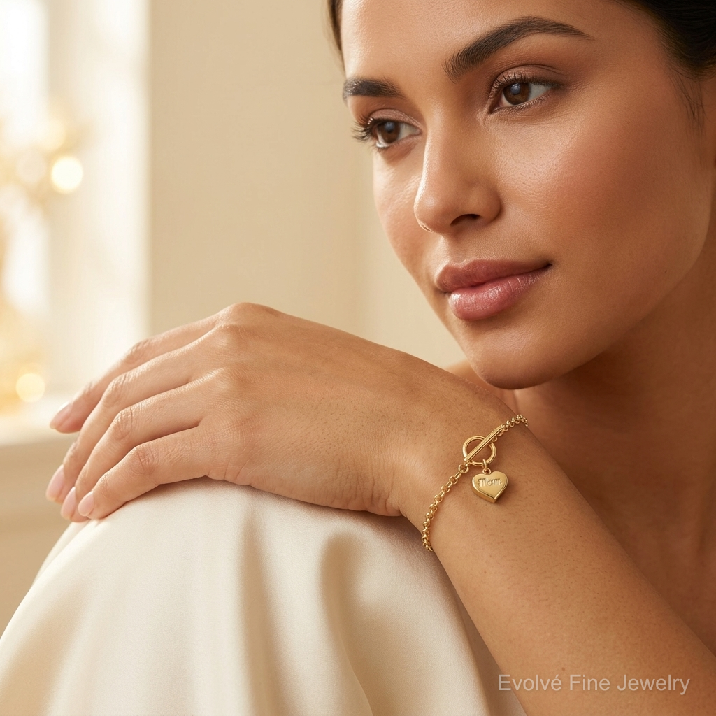 14k Puffed Mom Heart Toggle Bracelet - Model Shot