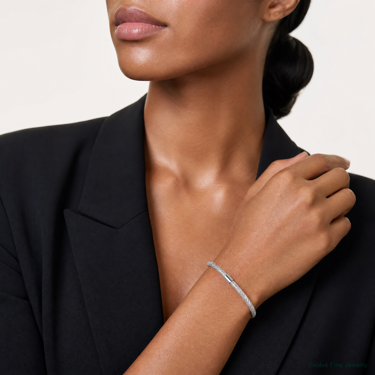 14k with White Rhodium Plating Stretch Mesh Bracelet - Model Shot